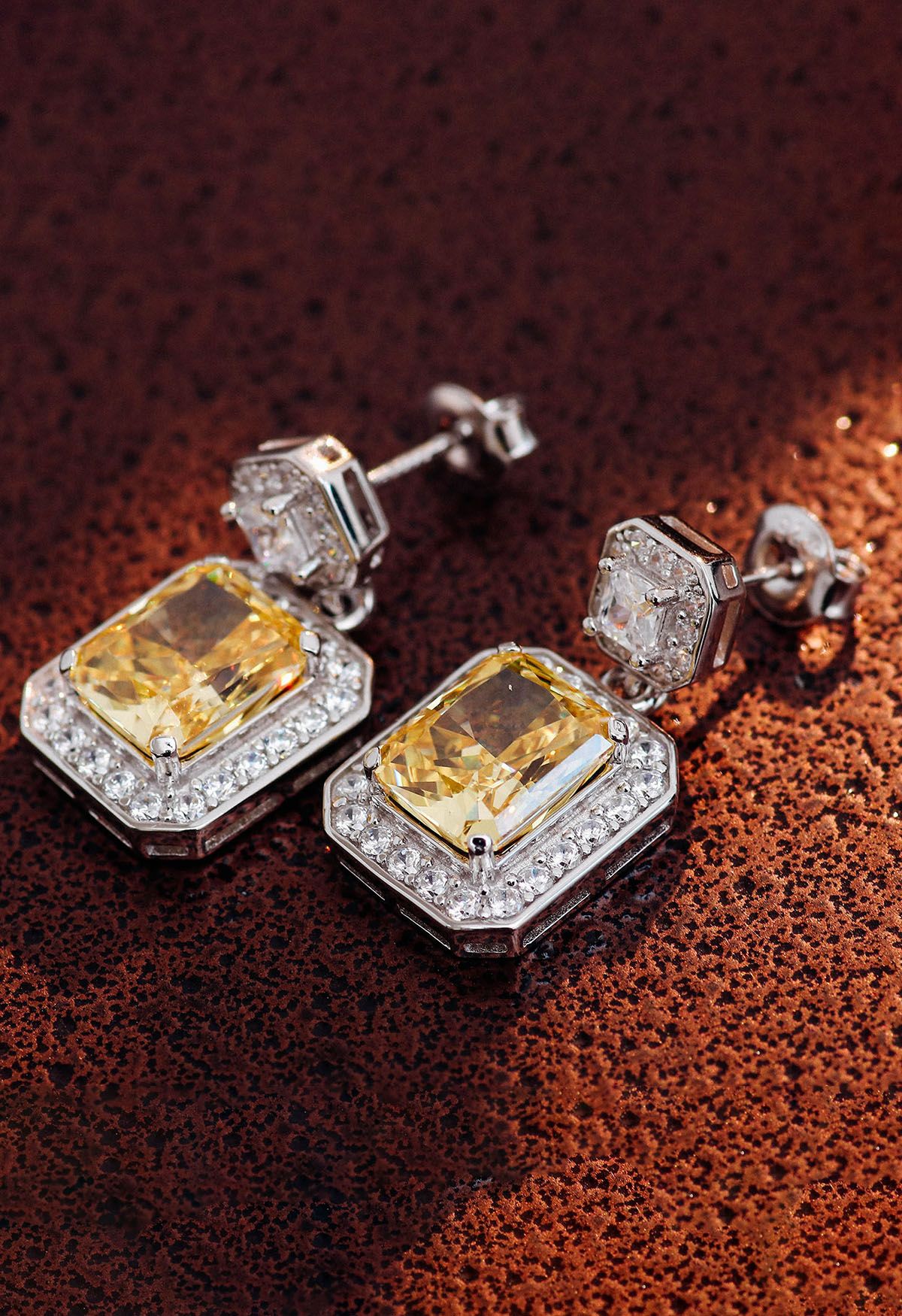 Rectangle Yellow Crystal Cubic Zirconia Earrings