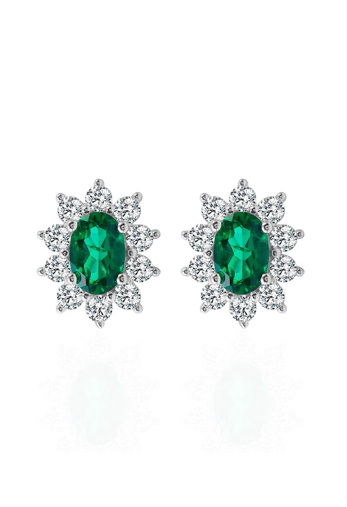 Floral Oval Emerald Gem Stud Earrings