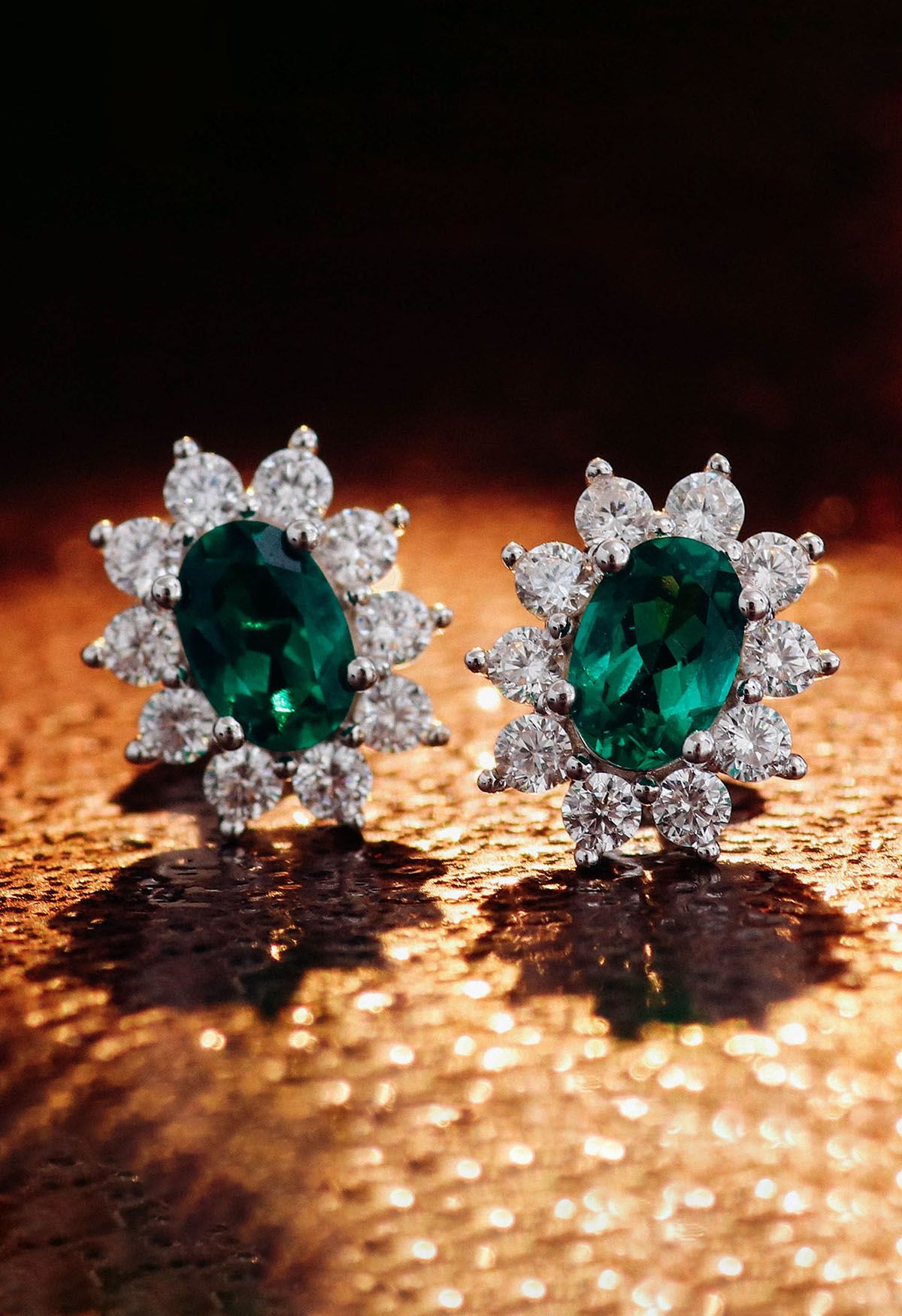 Floral Oval Emerald Gem Stud Earrings