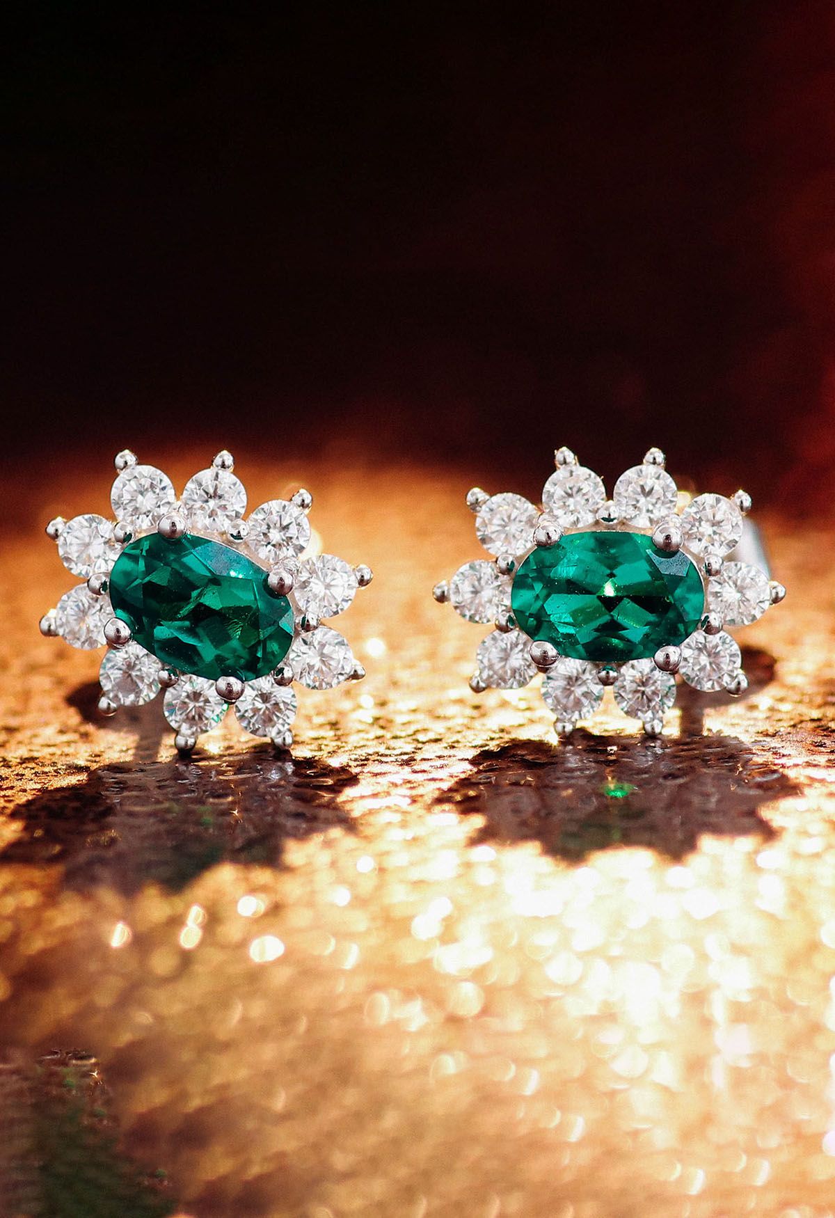 Floral Oval Emerald Gem Stud Earrings