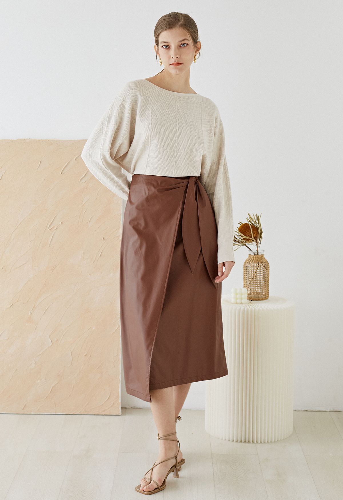 Faux Leather Tie-Waist Flap Midi Skirt in Brown