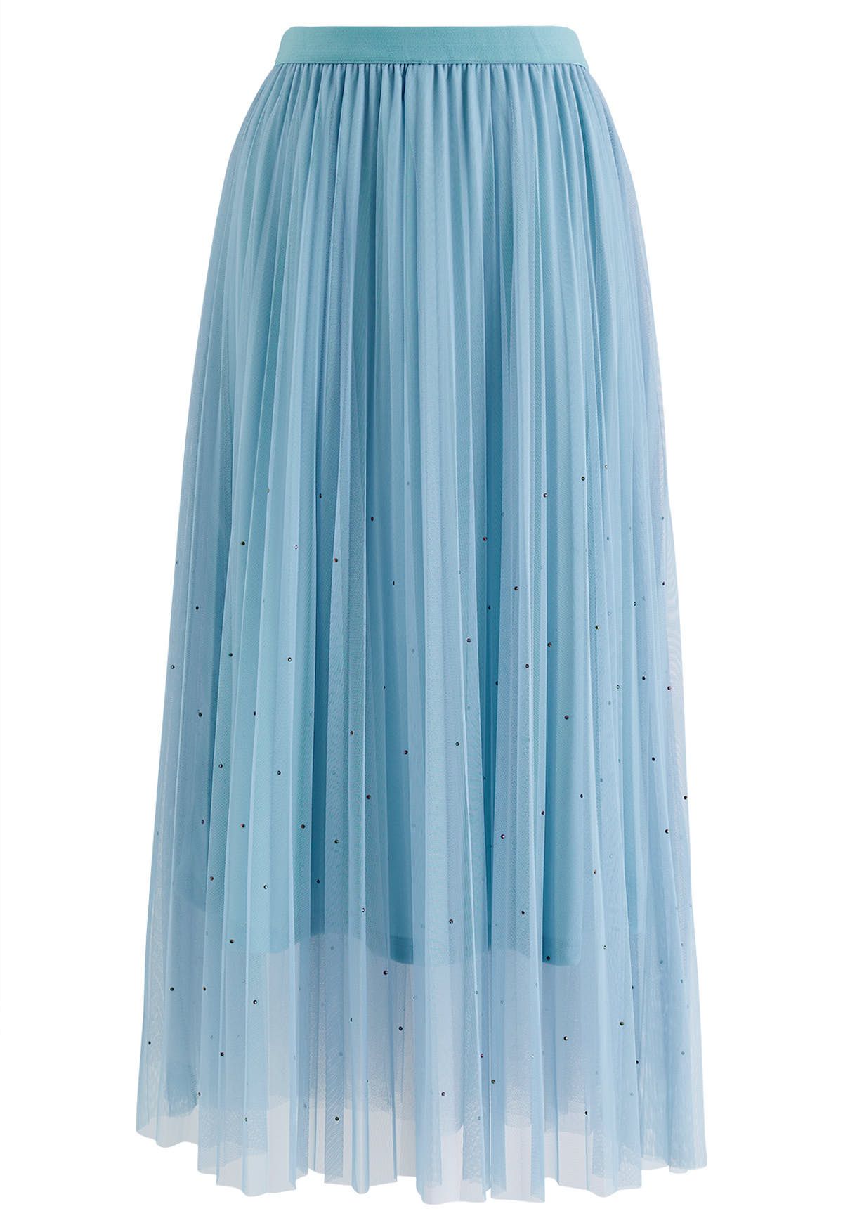 Glitter Embellished Pleated Mesh Tulle Skirt in Light Blue