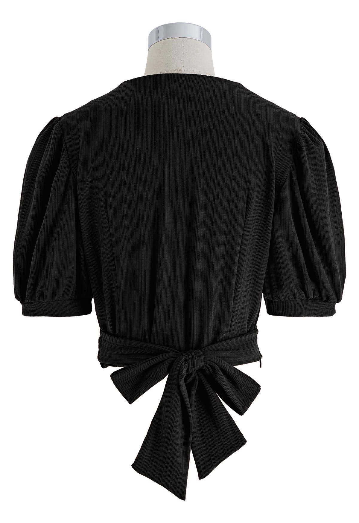 Twisted V-Neck Tie-Bow Crop Top in Black