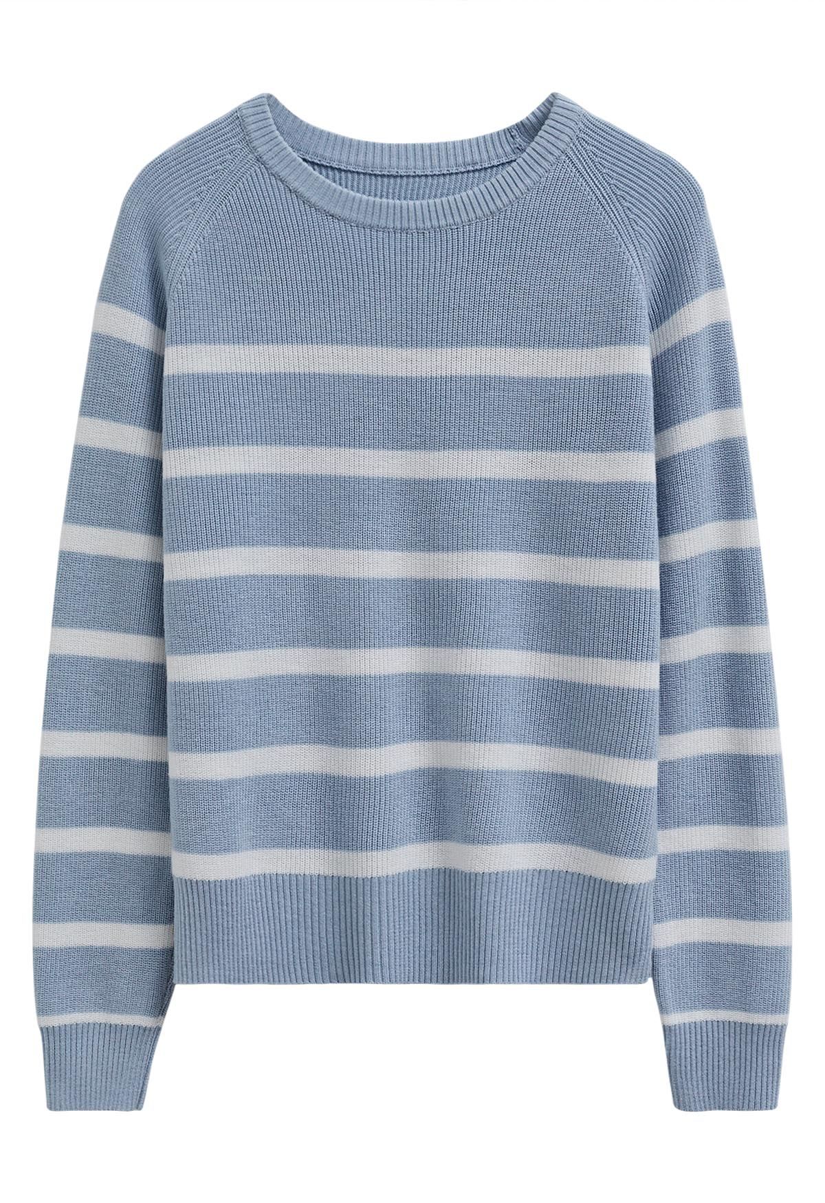 Versatile Round Neck Striped Knit Sweater in Blue