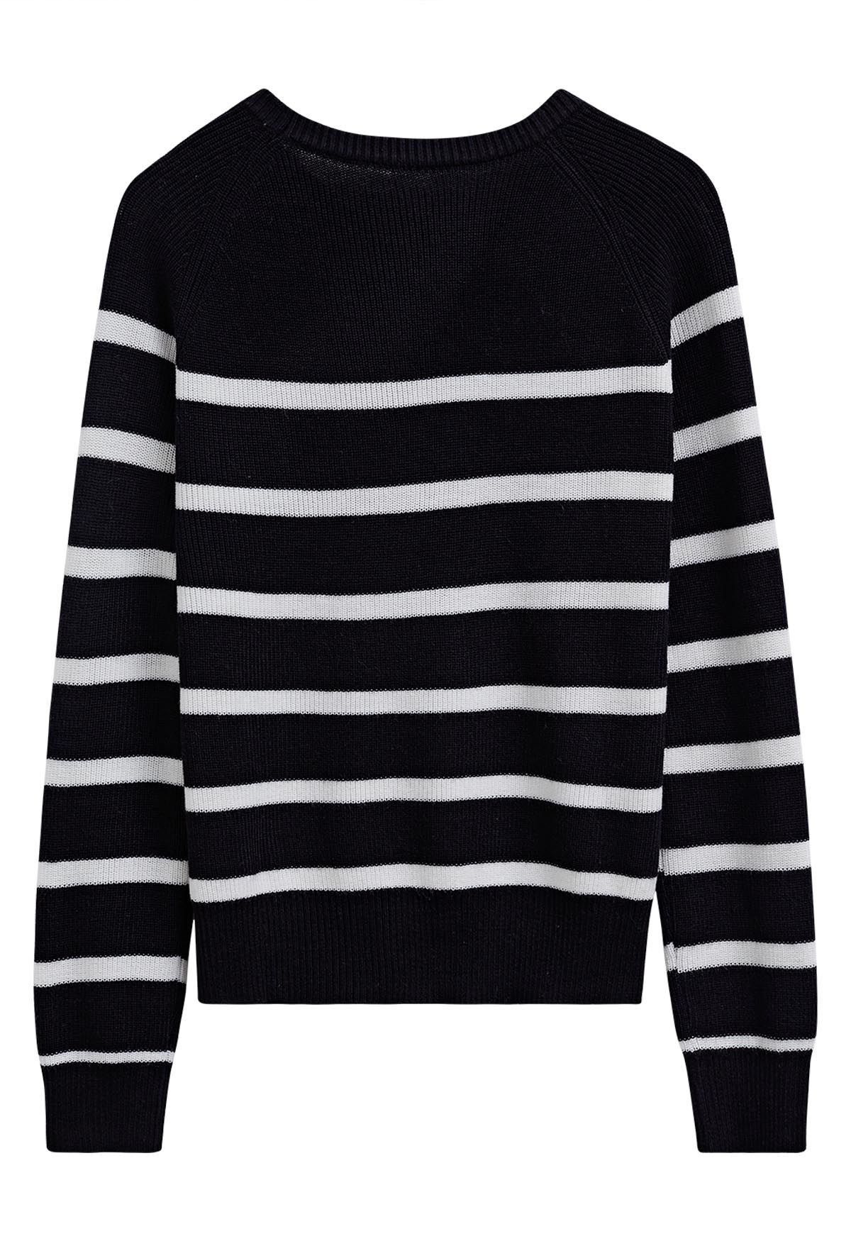 Versatile Round Neck Striped Knit Sweater in Black