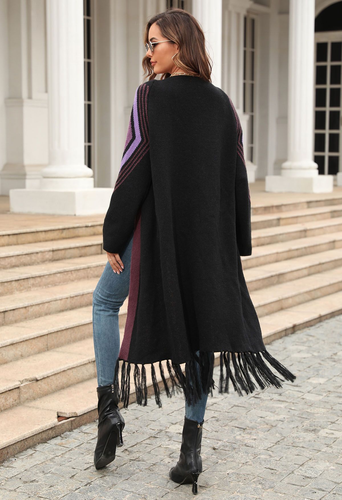 Color Block Tassel Hem Open Front Cardigan in Black