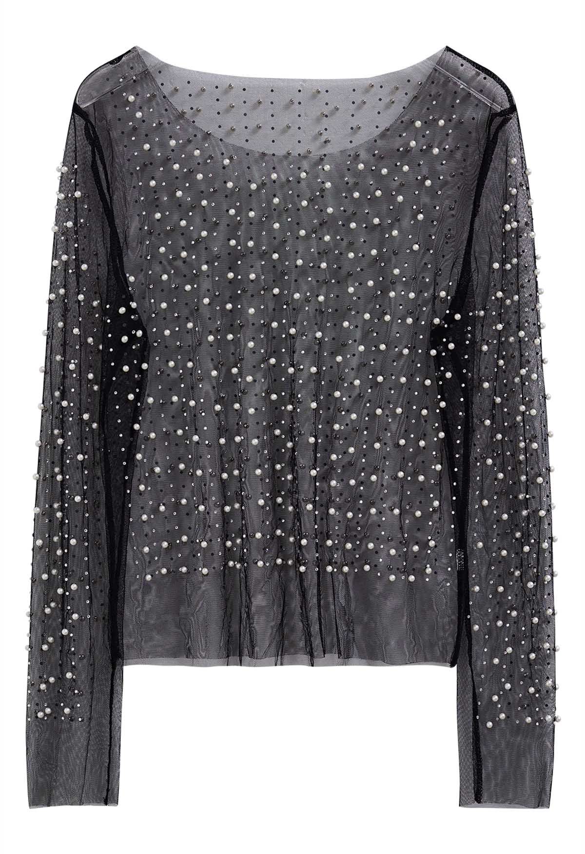 Full Pearl Embellished Sheer Mesh Top in Black - Retro, Indie and Unique  Fashion