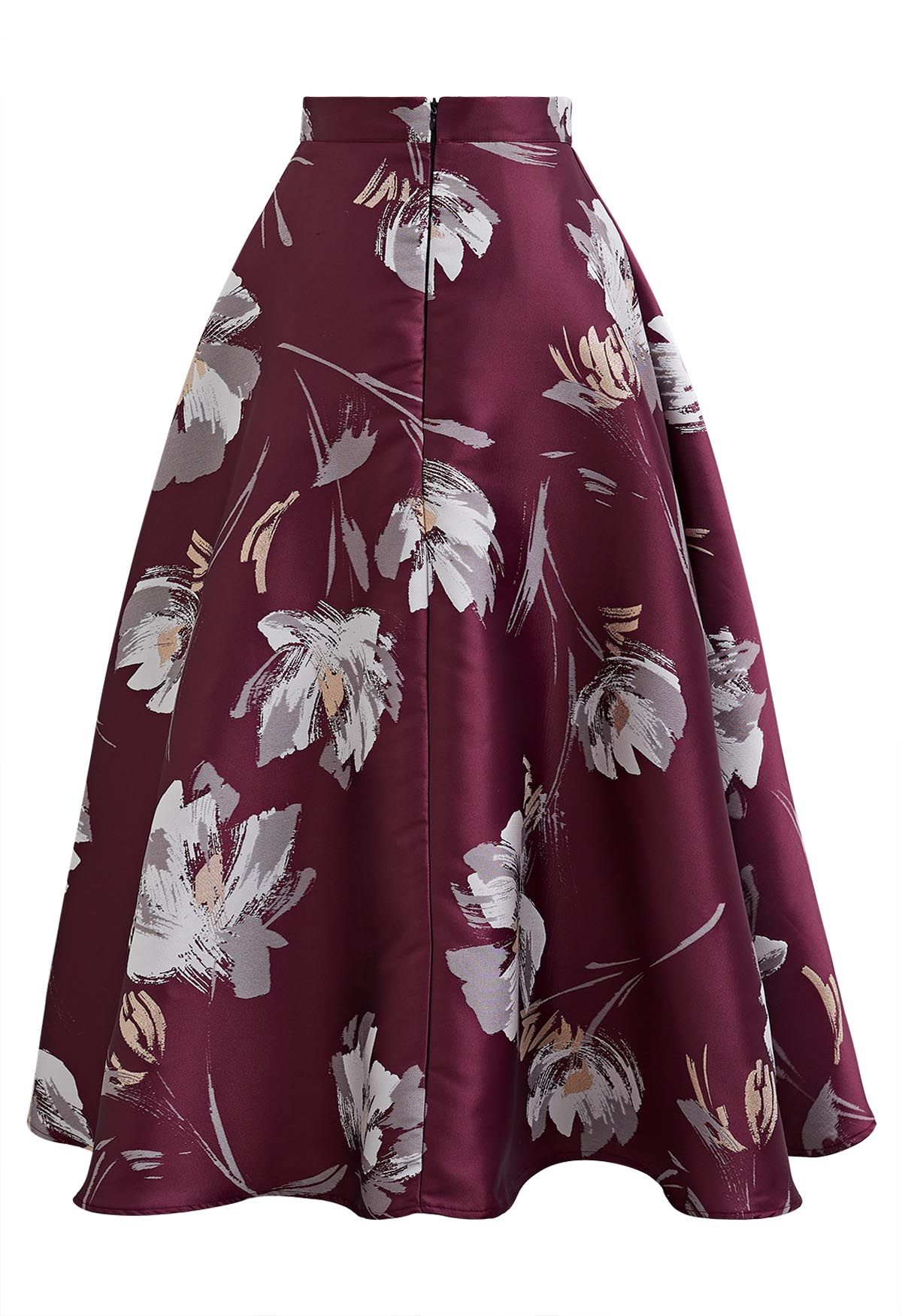 Blooming Floral Jacquard Maxi Skirt in Burgundy