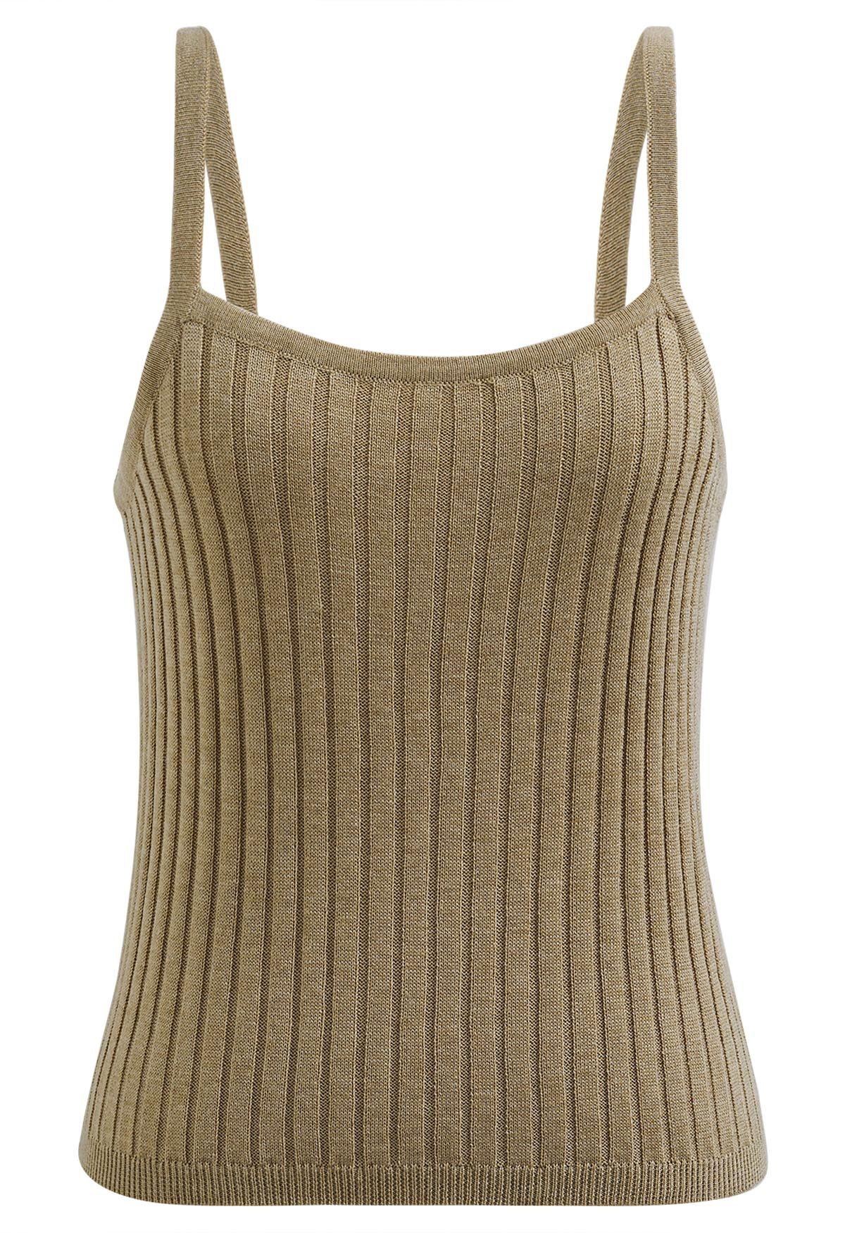 Solid Ribbed Knit Twinset Top in Khaki