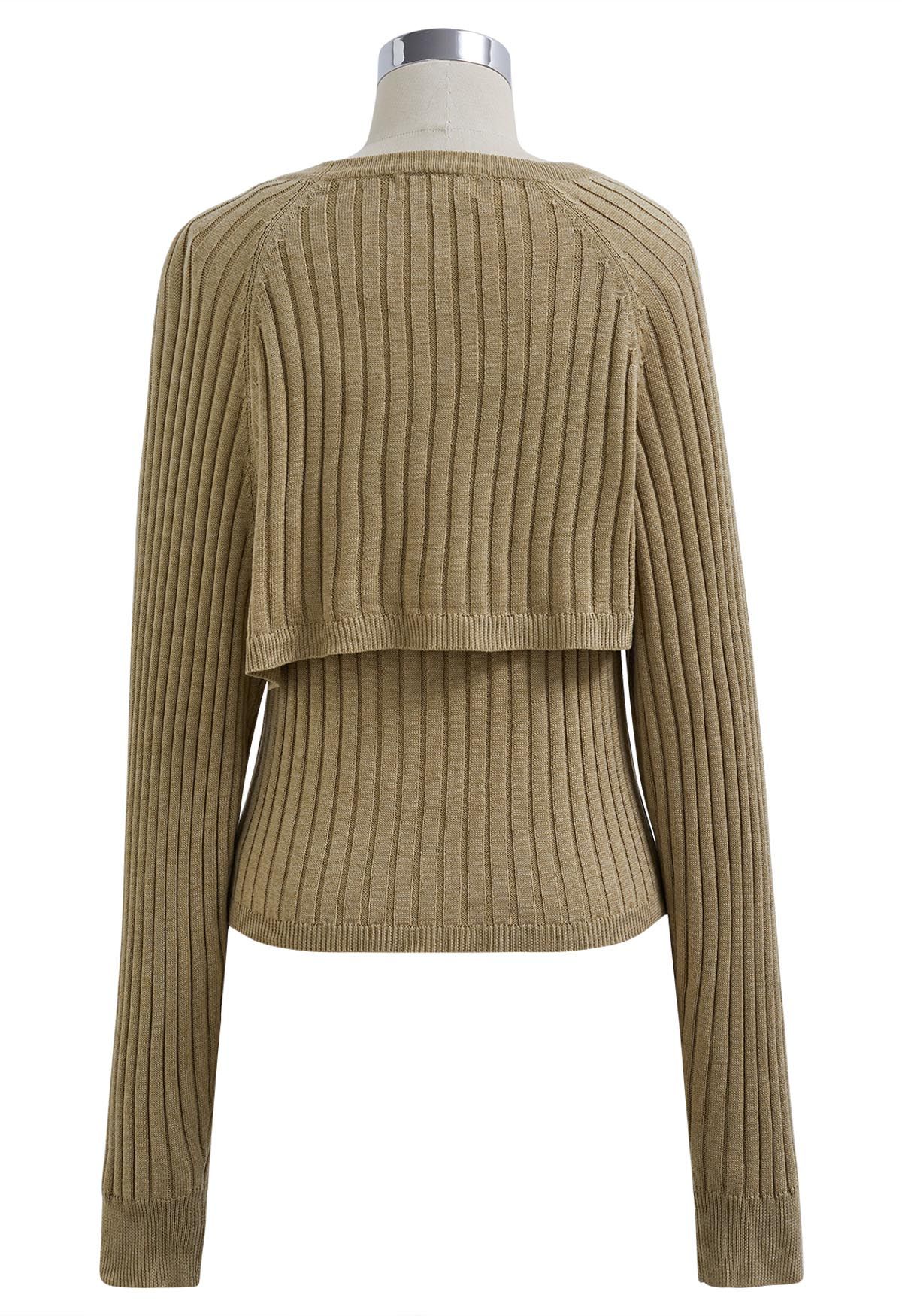 Solid Ribbed Knit Twinset Top in Khaki