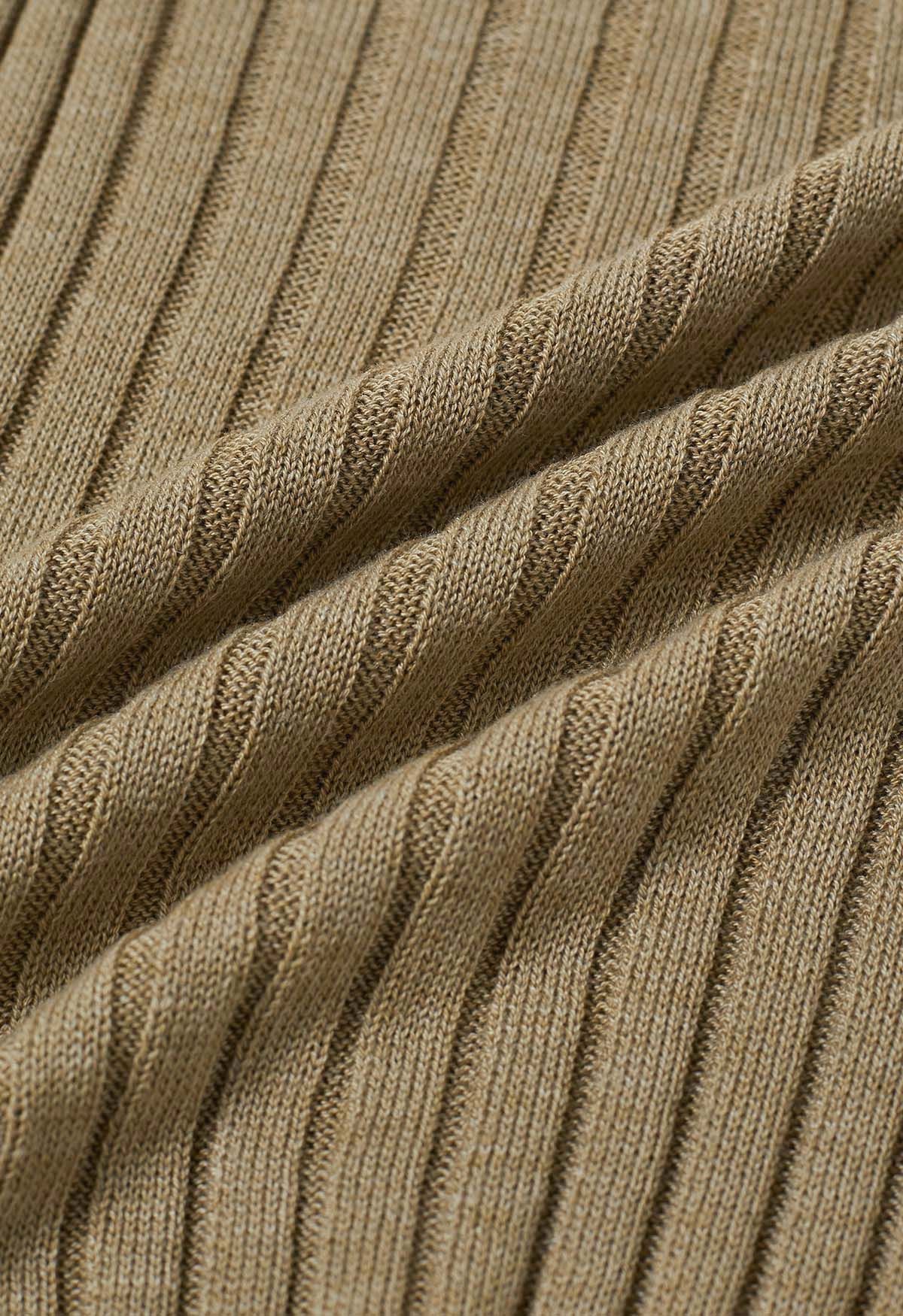 Solid Ribbed Knit Twinset Top in Khaki