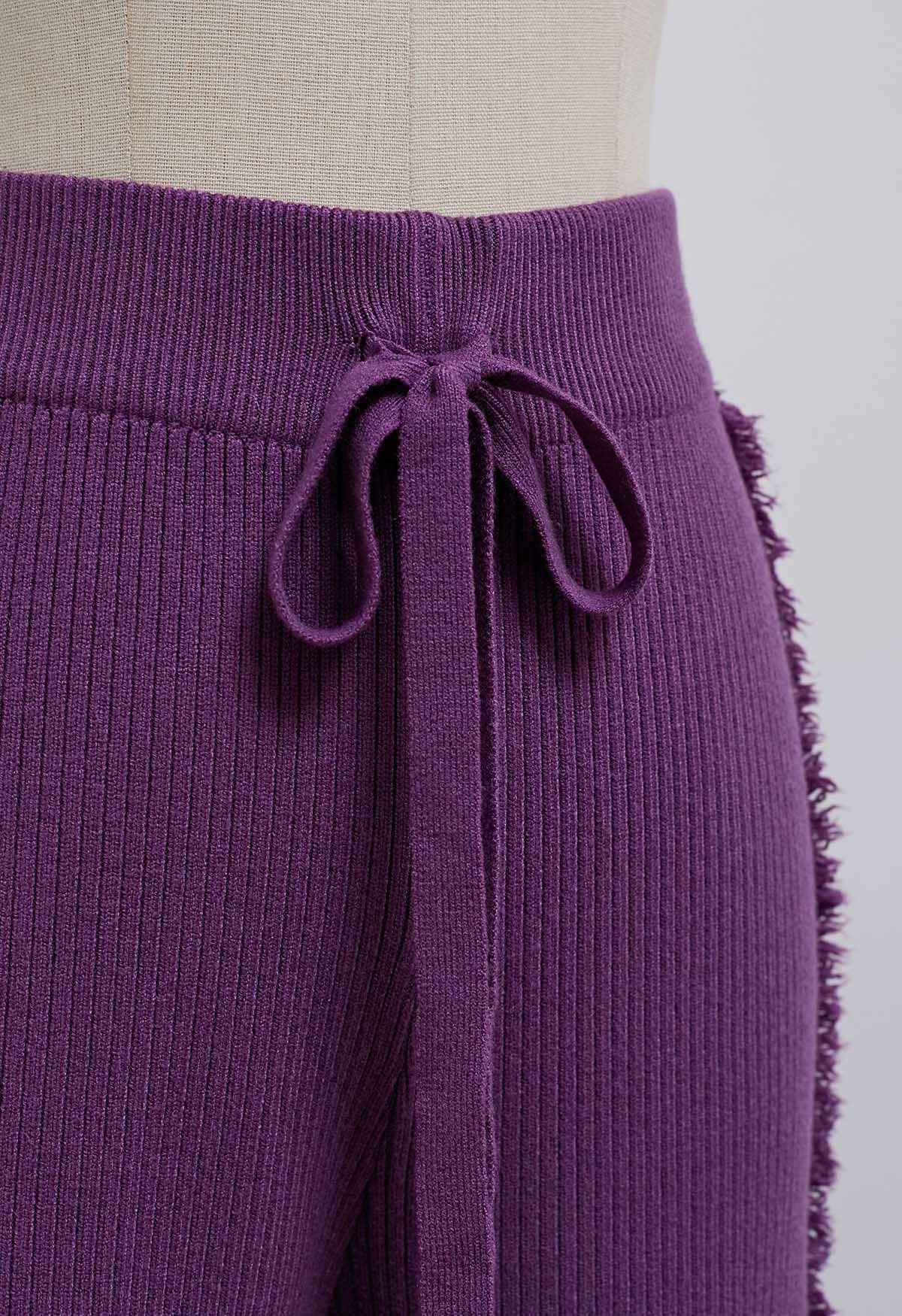 Side Tassel Trim Straight-Leg Knit Pants in Purple