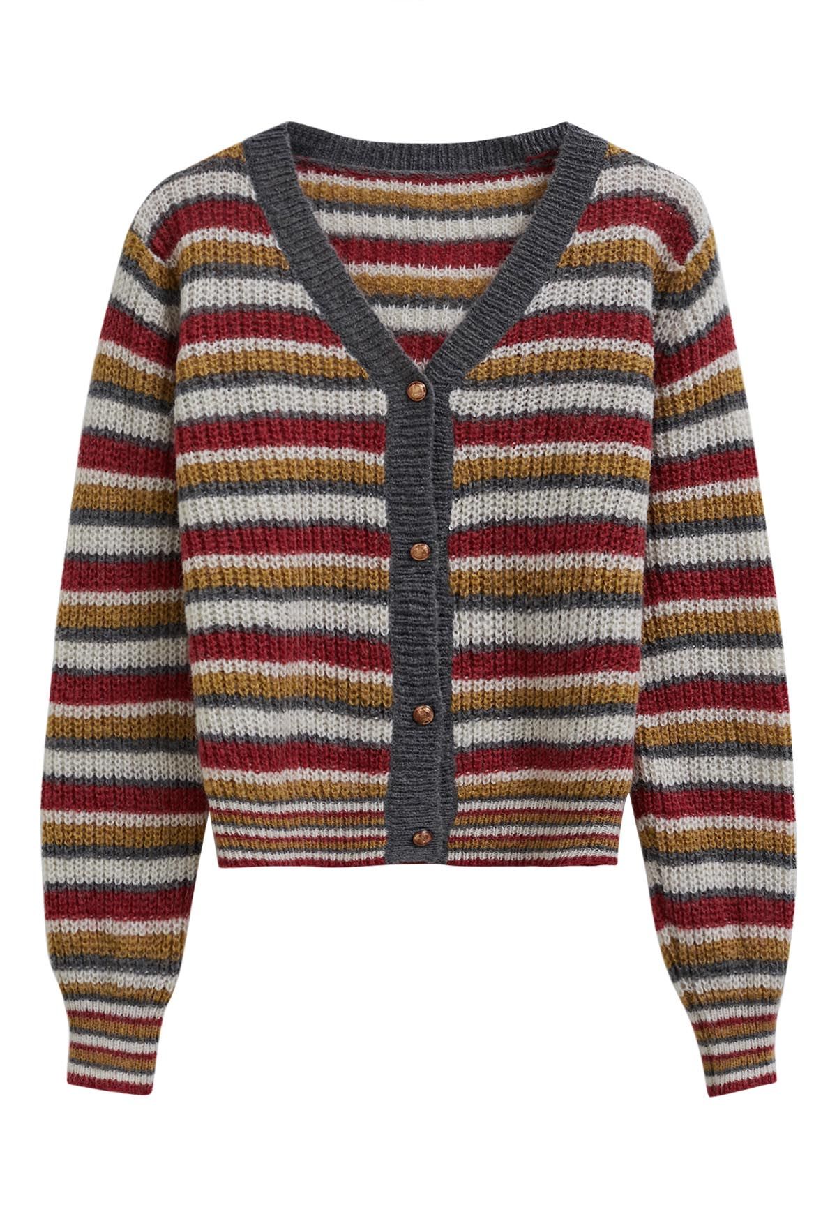 Multicolored Striped Button Front Knit Cardigan in Red