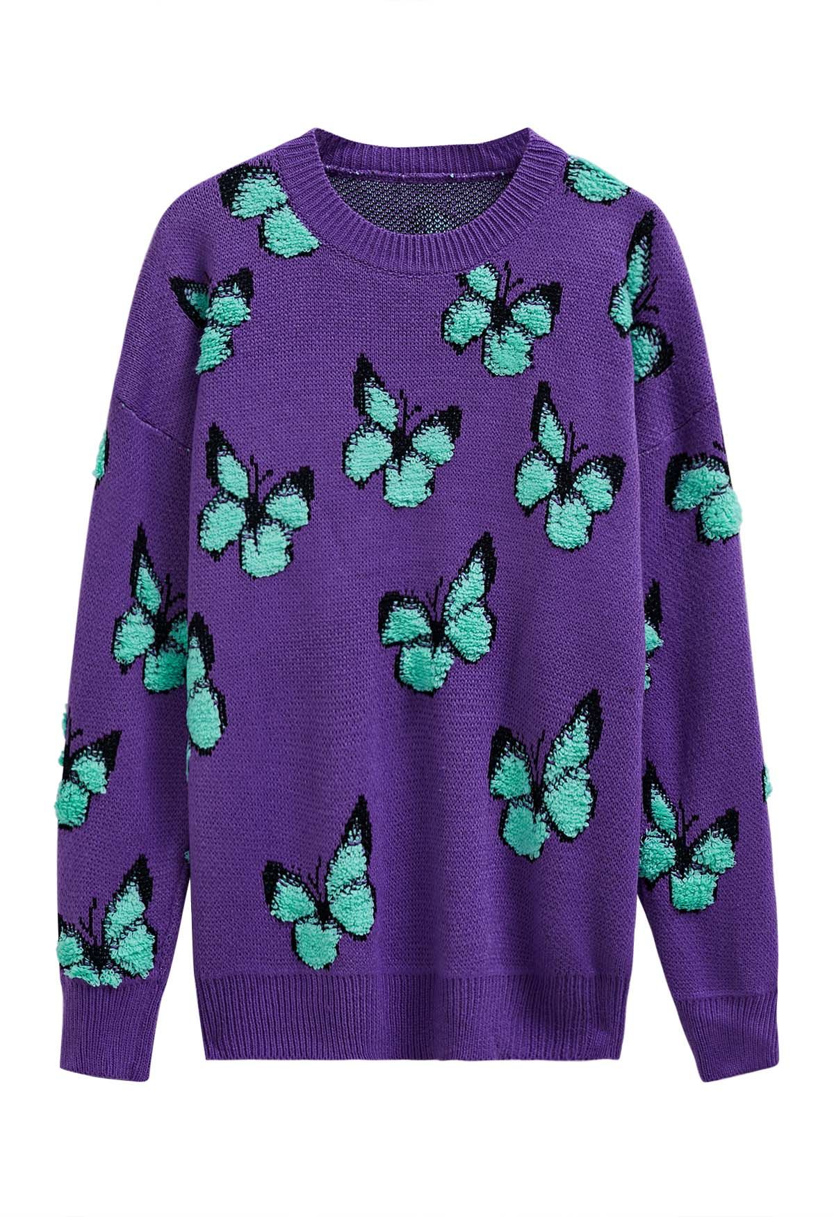 Balletic Butterfly Ribbed Knit Sweater in Purple