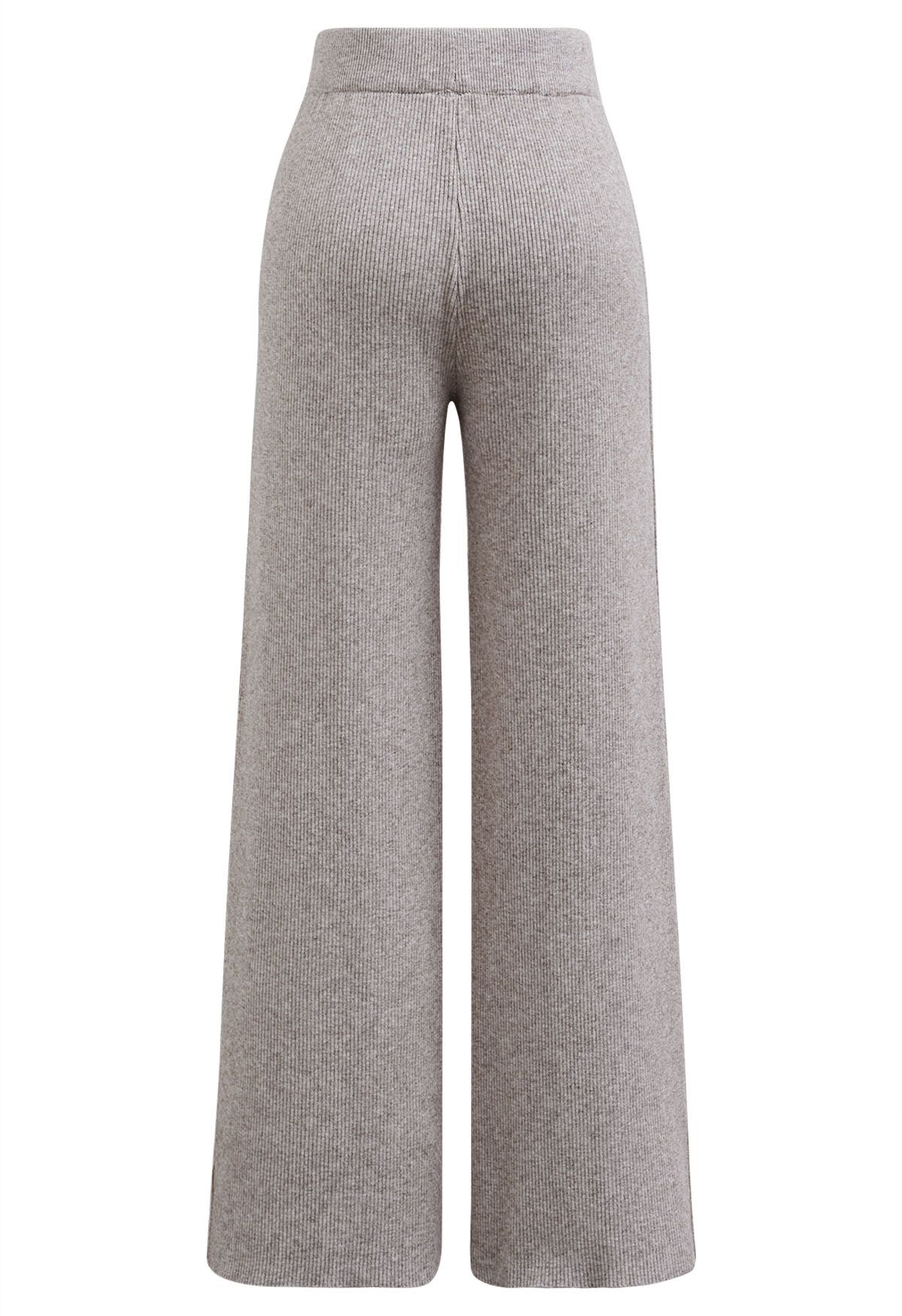 Drawstring Waist Side Slit Knit Pants in Taupe