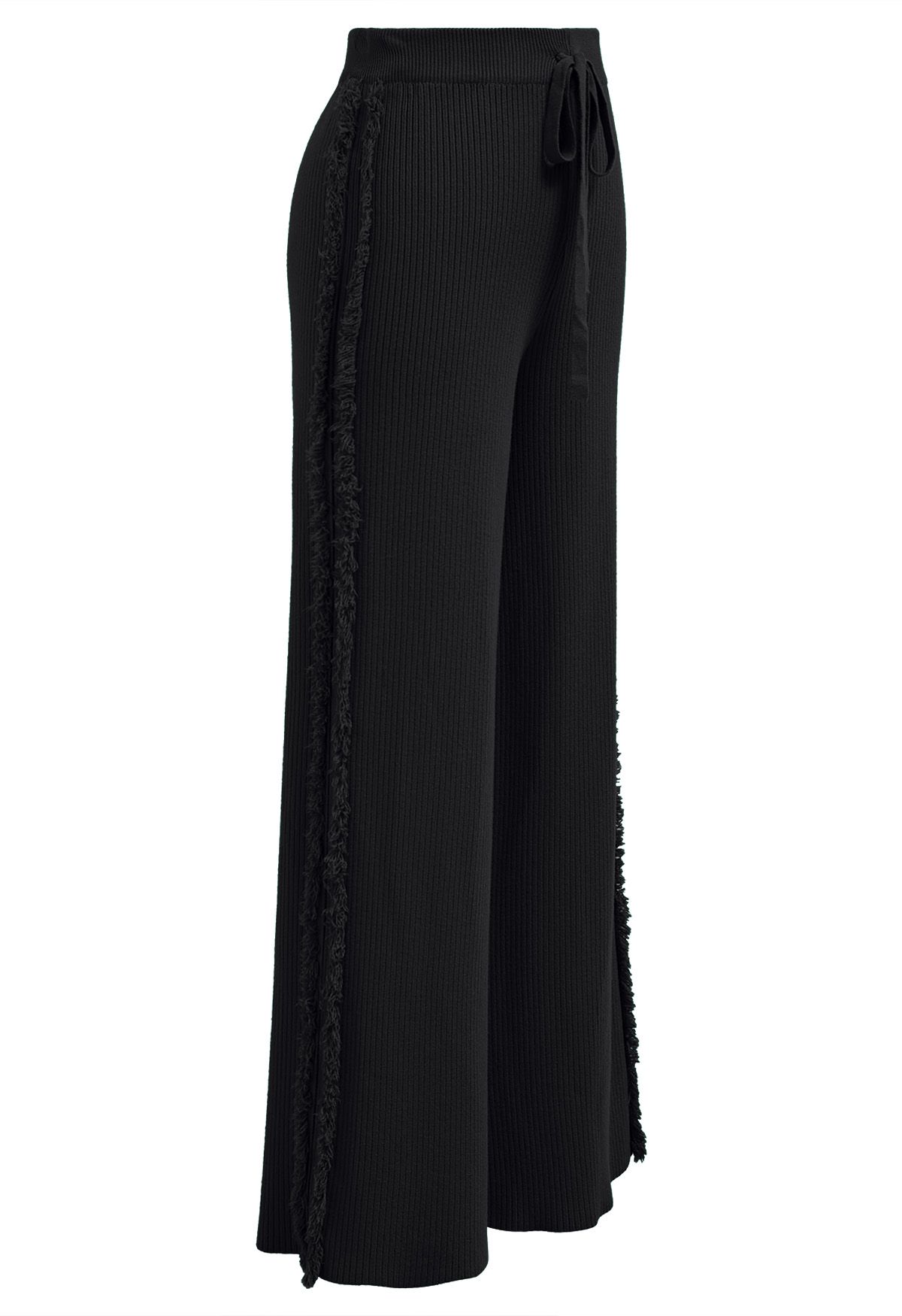 Side Tassel Trim Straight-Leg Knit Pants in Black