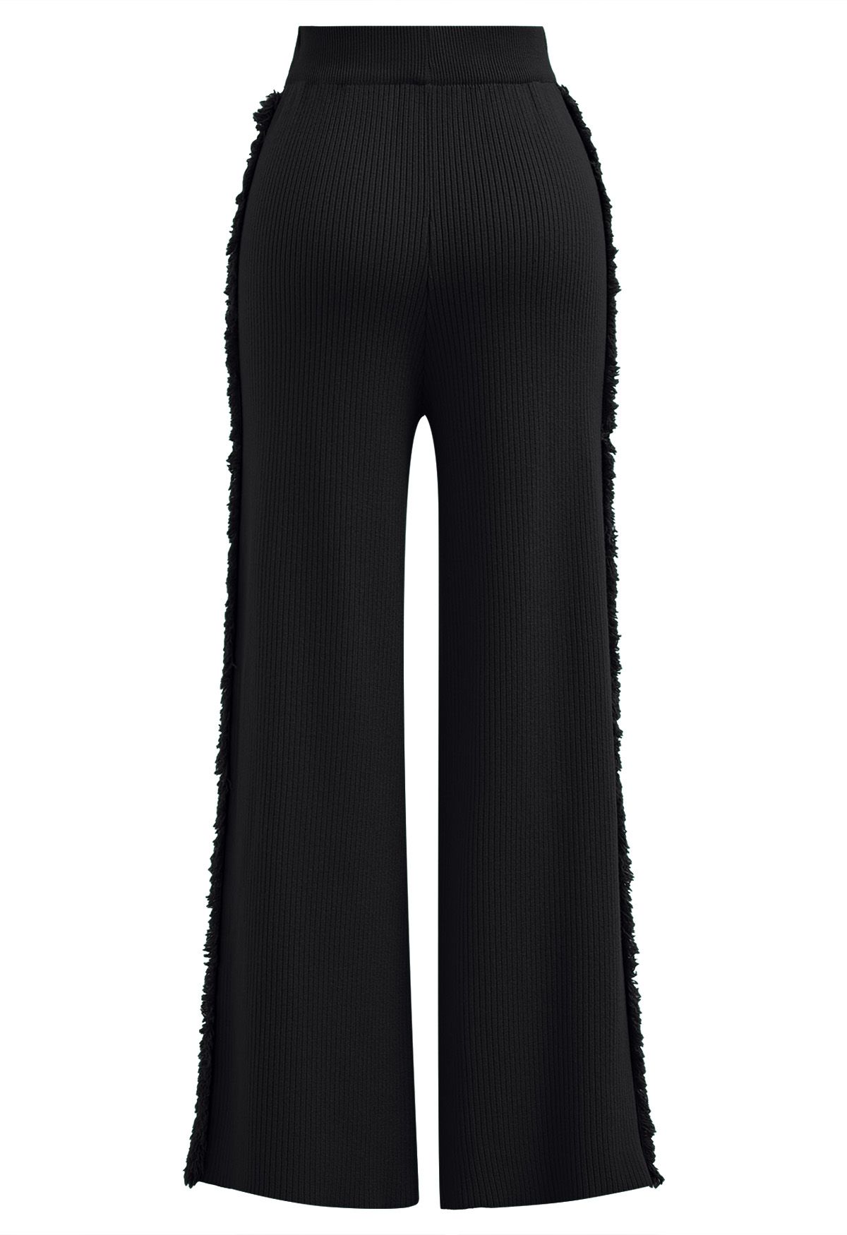 Side Tassel Trim Straight-Leg Knit Pants in Black