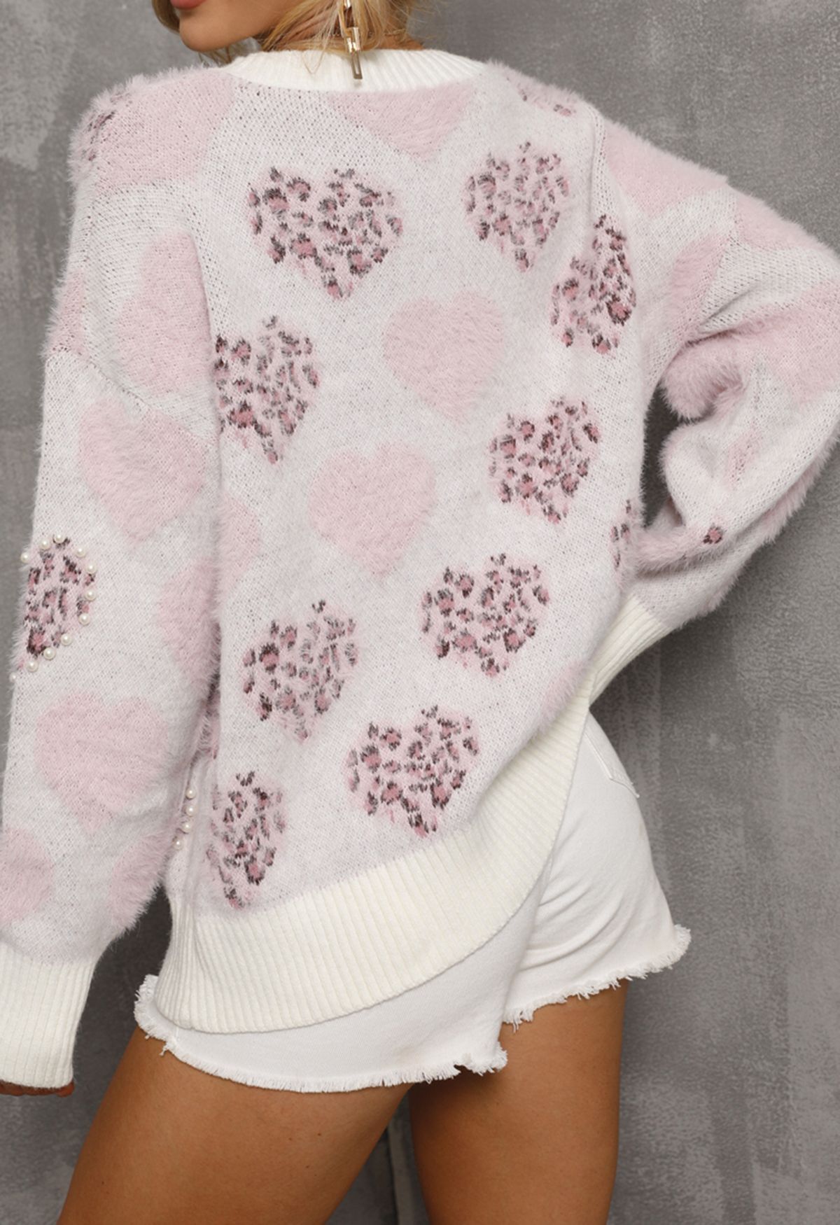 Fuzzy Pearly Leopard Heart Knit Sweater