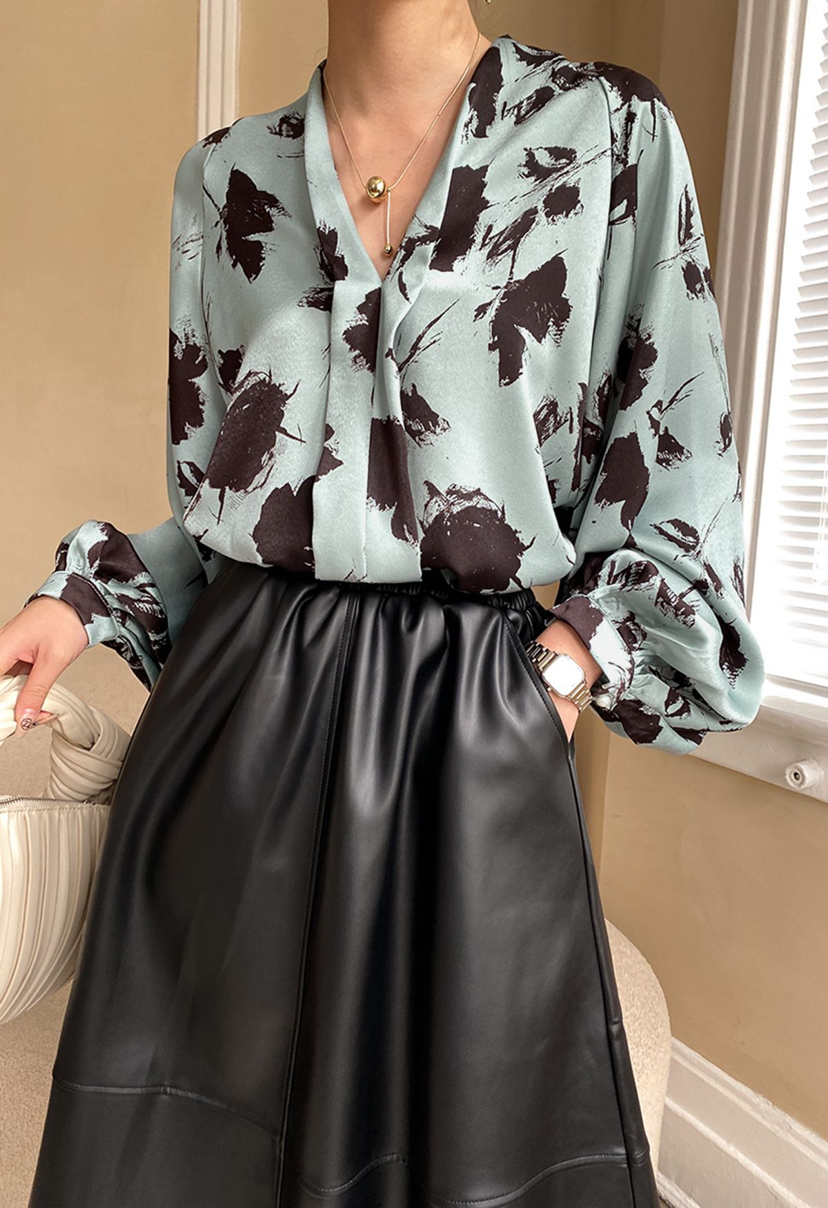 Ink Floral Lantern Sleeve Satin Shirt in Pea Green