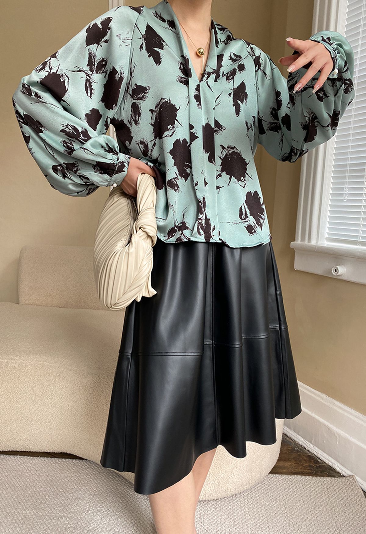 Ink Floral Lantern Sleeve Satin Shirt in Pea Green