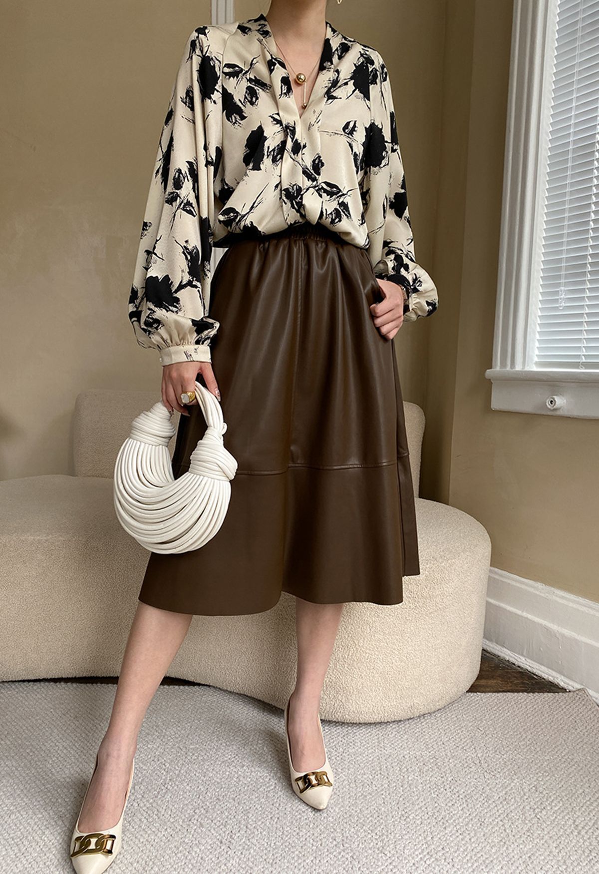 Ink Floral Lantern Sleeve Satin Shirt in Light Tan