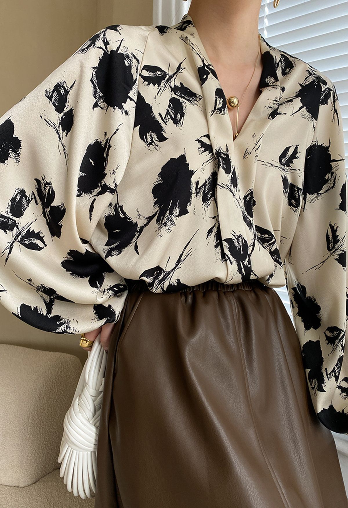 Ink Floral Lantern Sleeve Satin Shirt in Light Tan