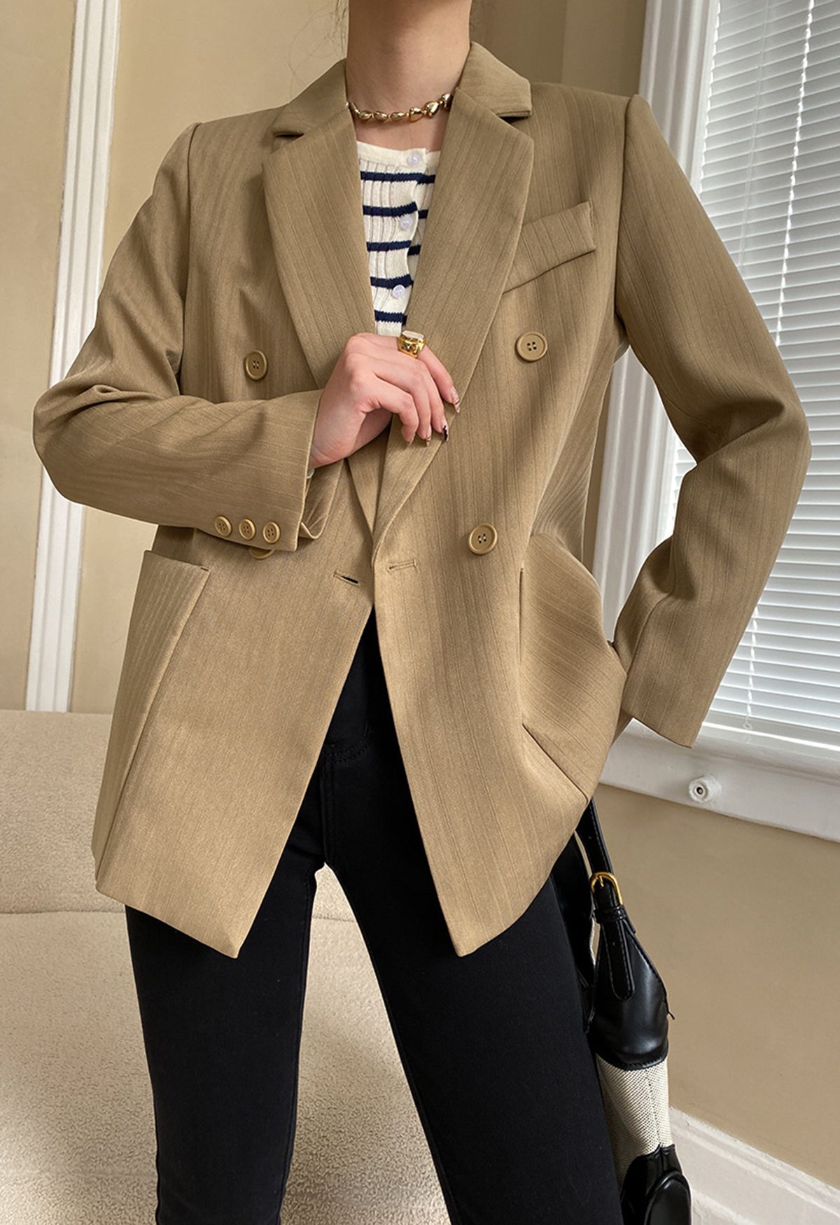 Solid Color Textured Double-Breasted Blazer in Tan