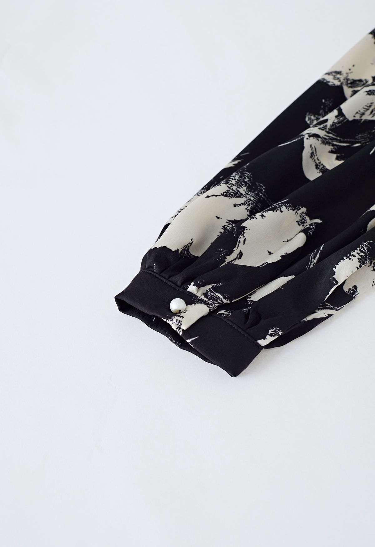 Ink Floral Lantern Sleeve Satin Shirt in Black