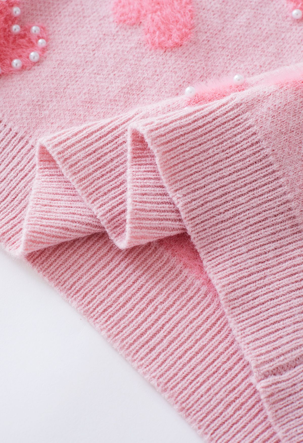 Pearl Trim Fluffy Heart Knit Sweater in Pink