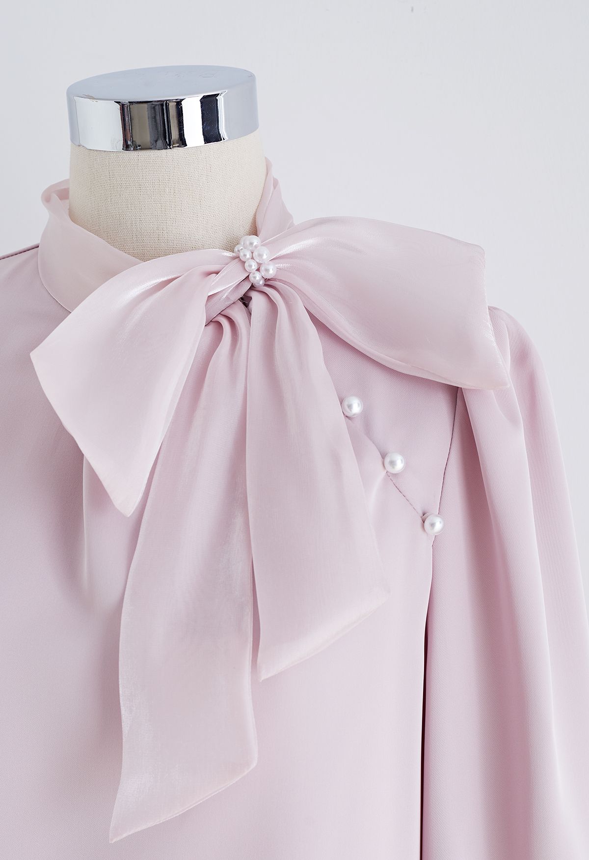 Organza Bowknot Pearl Satin Shirt in Pink