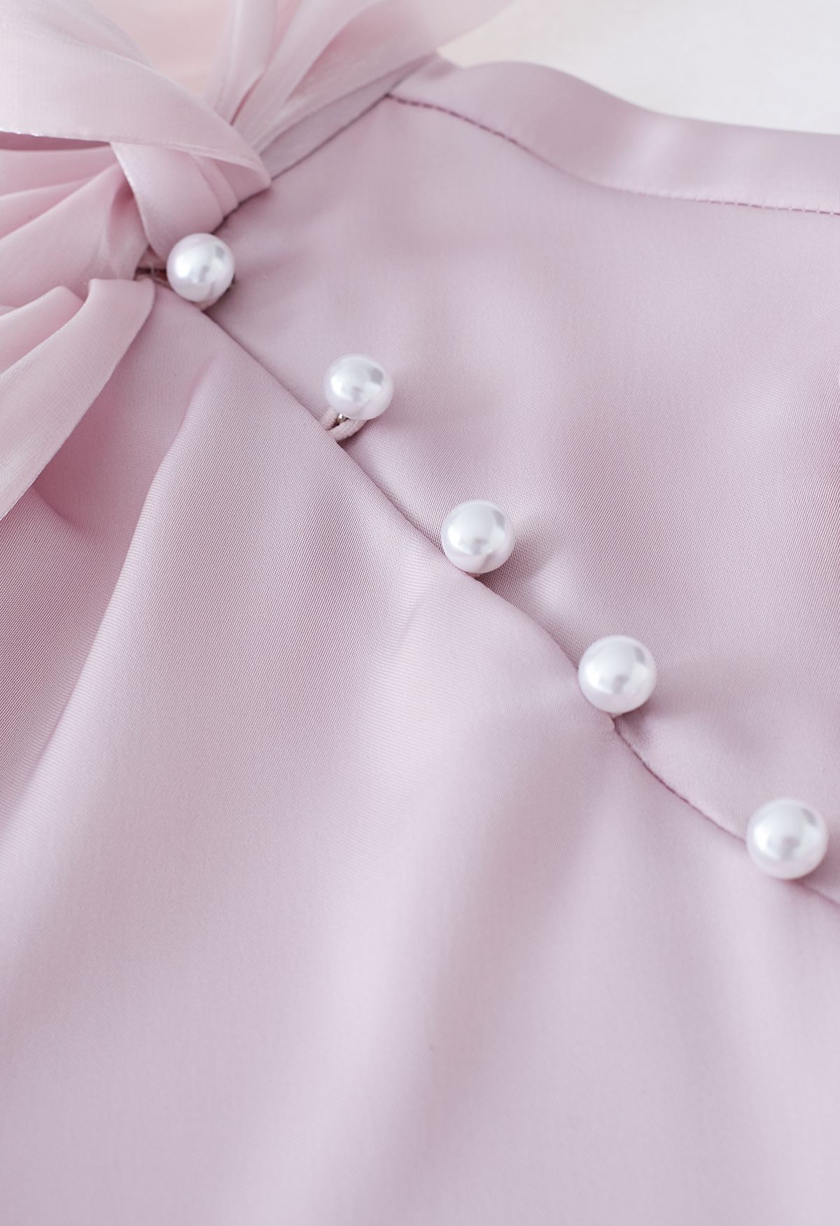 Organza Bowknot Pearl Satin Shirt in Pink