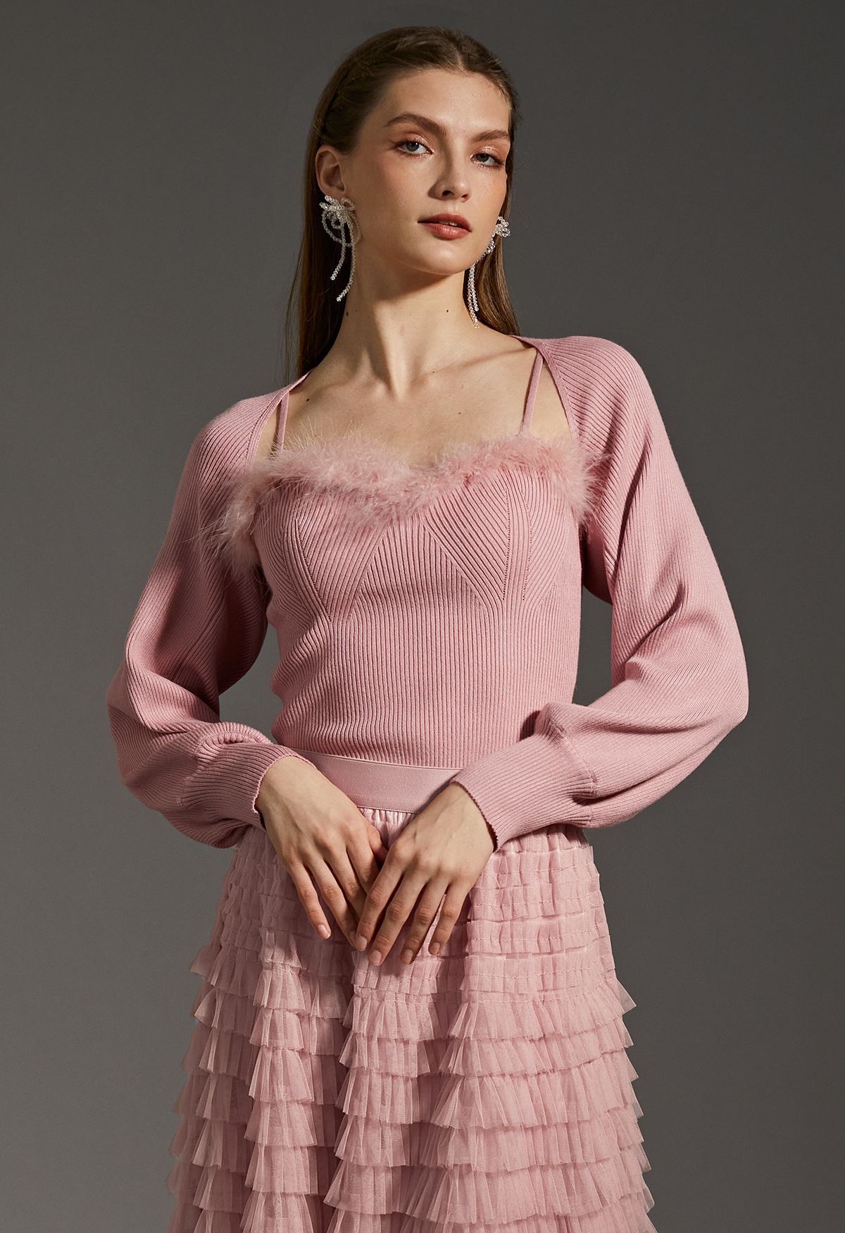 Feather Trim Cami Top and Sweater Sleeve Set in Pink