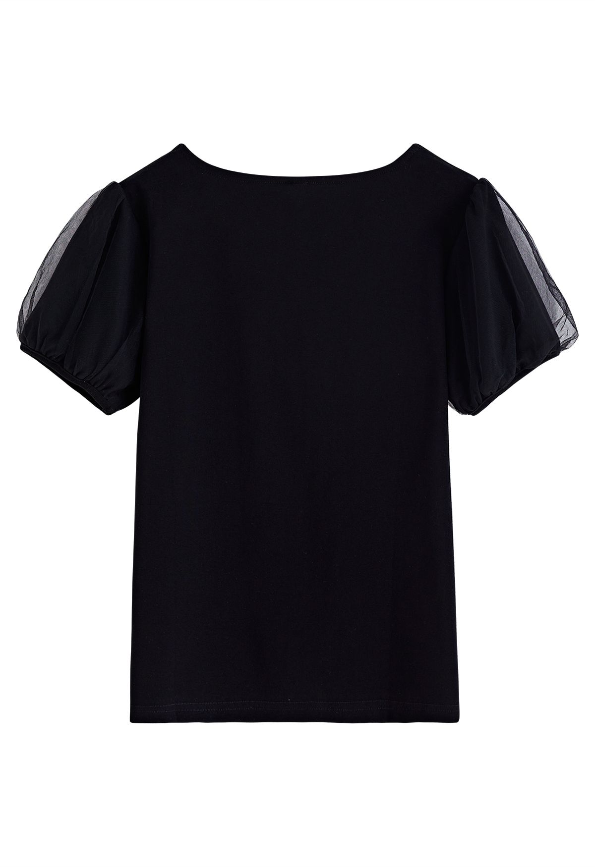 Square Neck Mesh Bubble Sleeves Top in Black