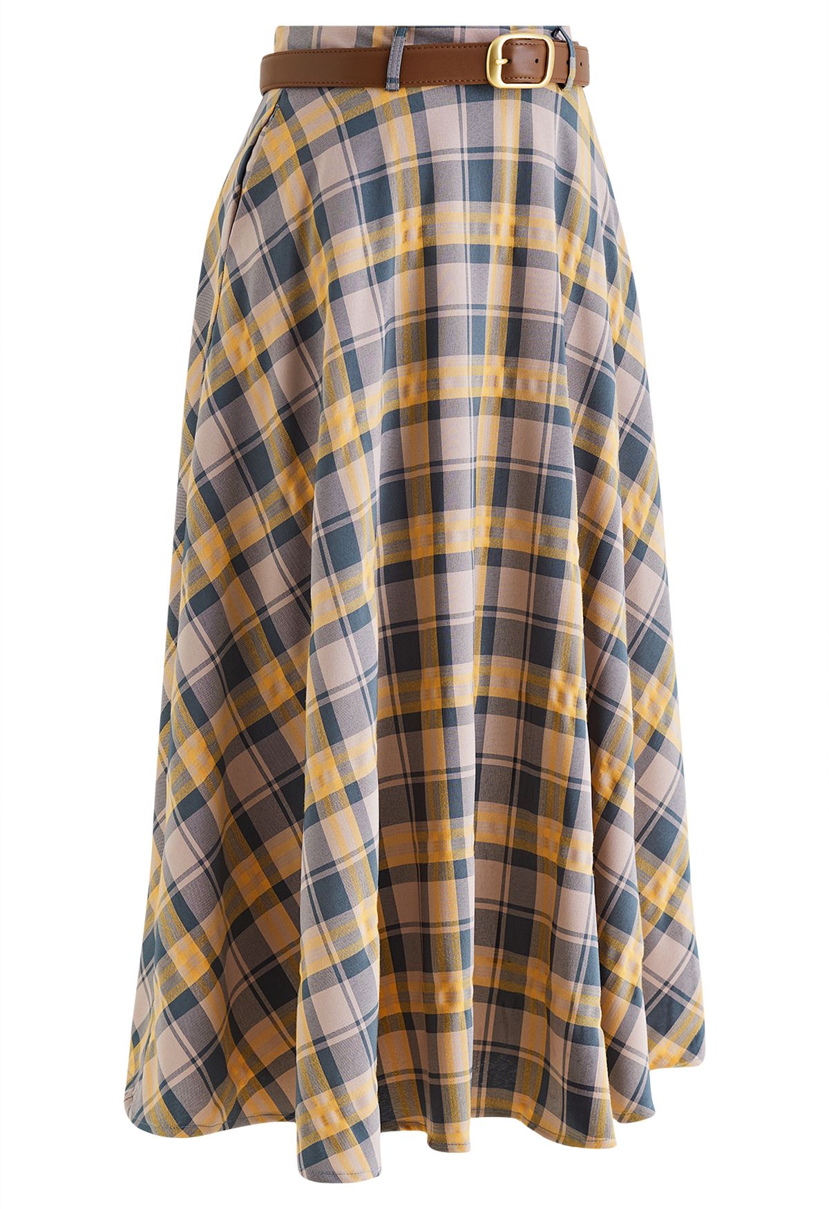 Vintage Belted Plaid Midi Skirt in Mustard