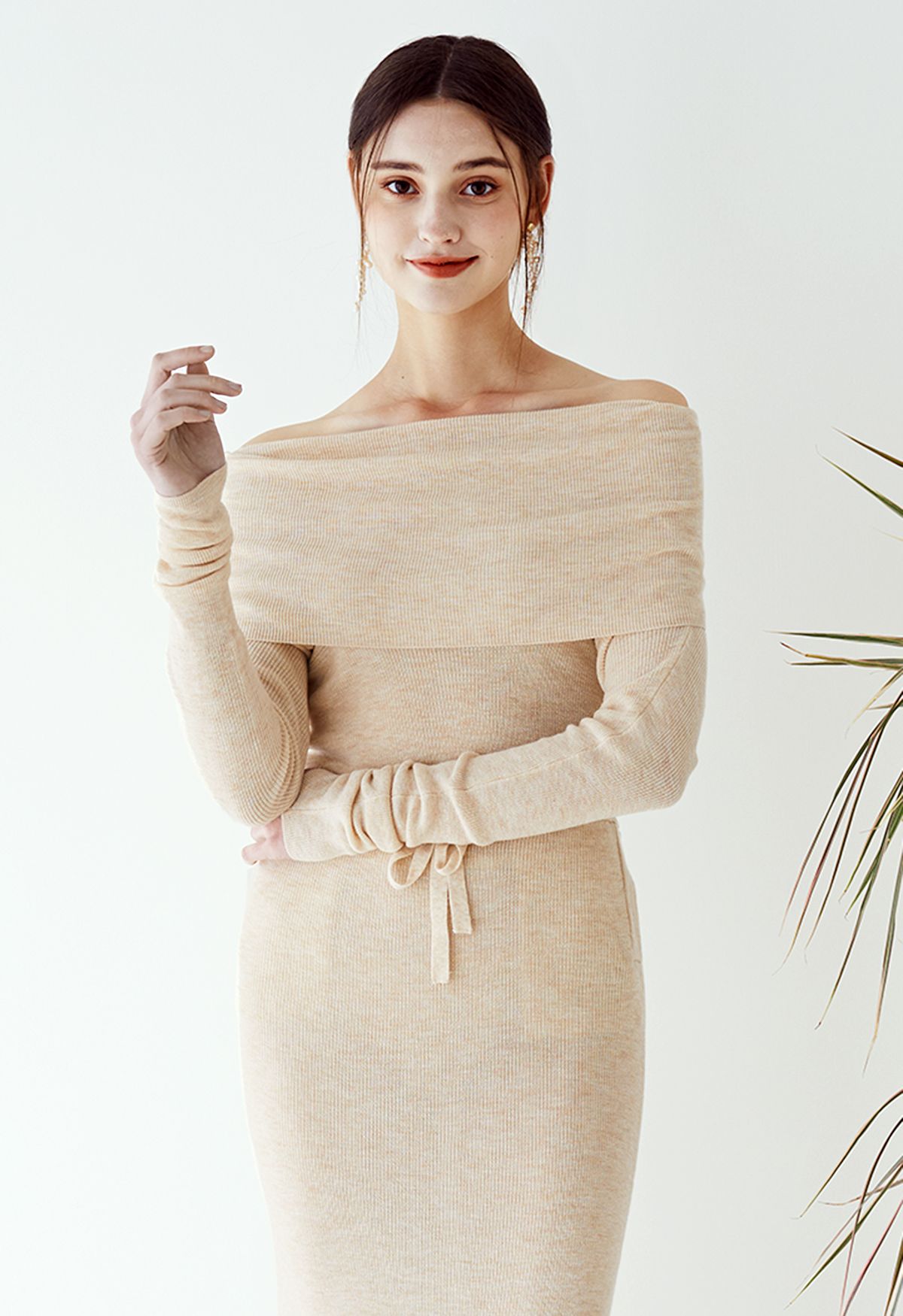 Fold Over Off-Shoulder Knit Top in Apricot