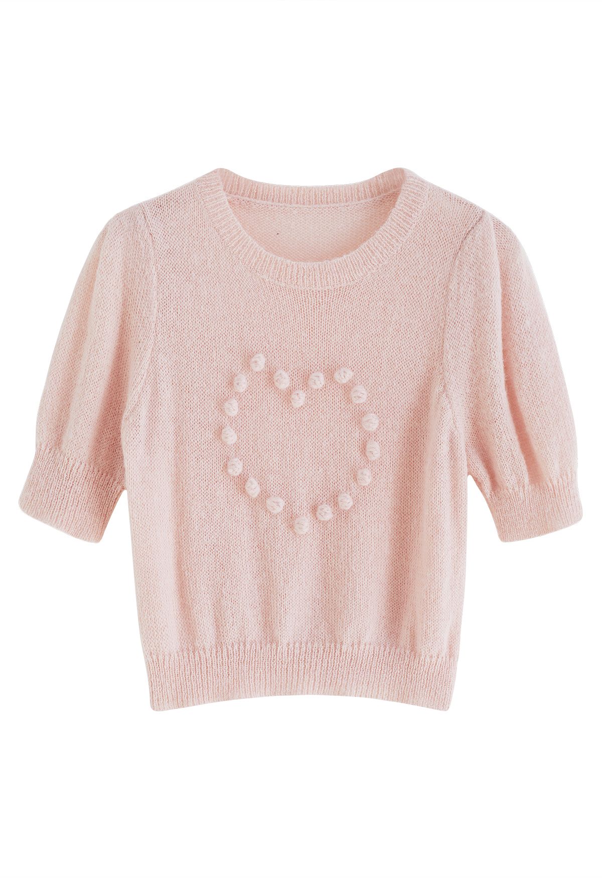 Pom-Pom Heart Short Sleeve Knit Top in Pink