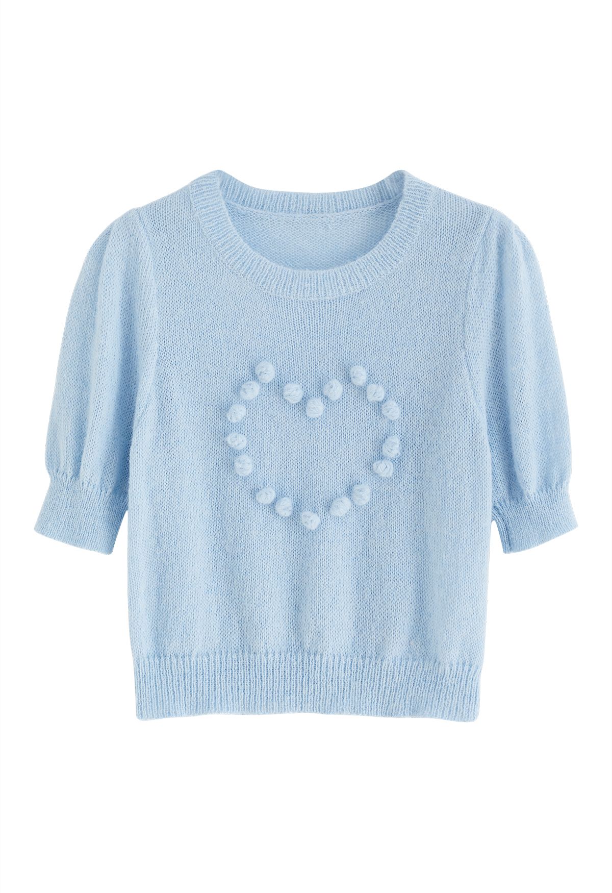 Pom-Pom Heart Short Sleeve Knit Top in Blue