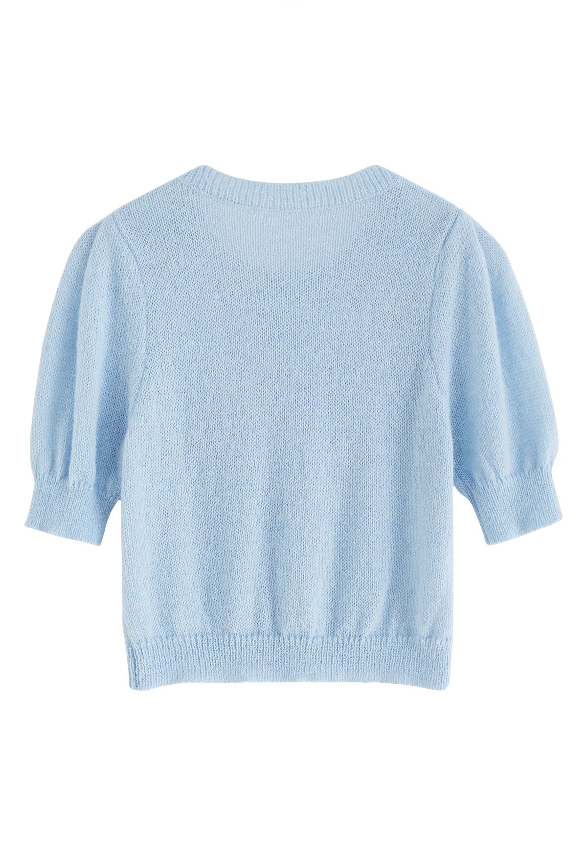 Pom-Pom Heart Short Sleeve Knit Top in Blue