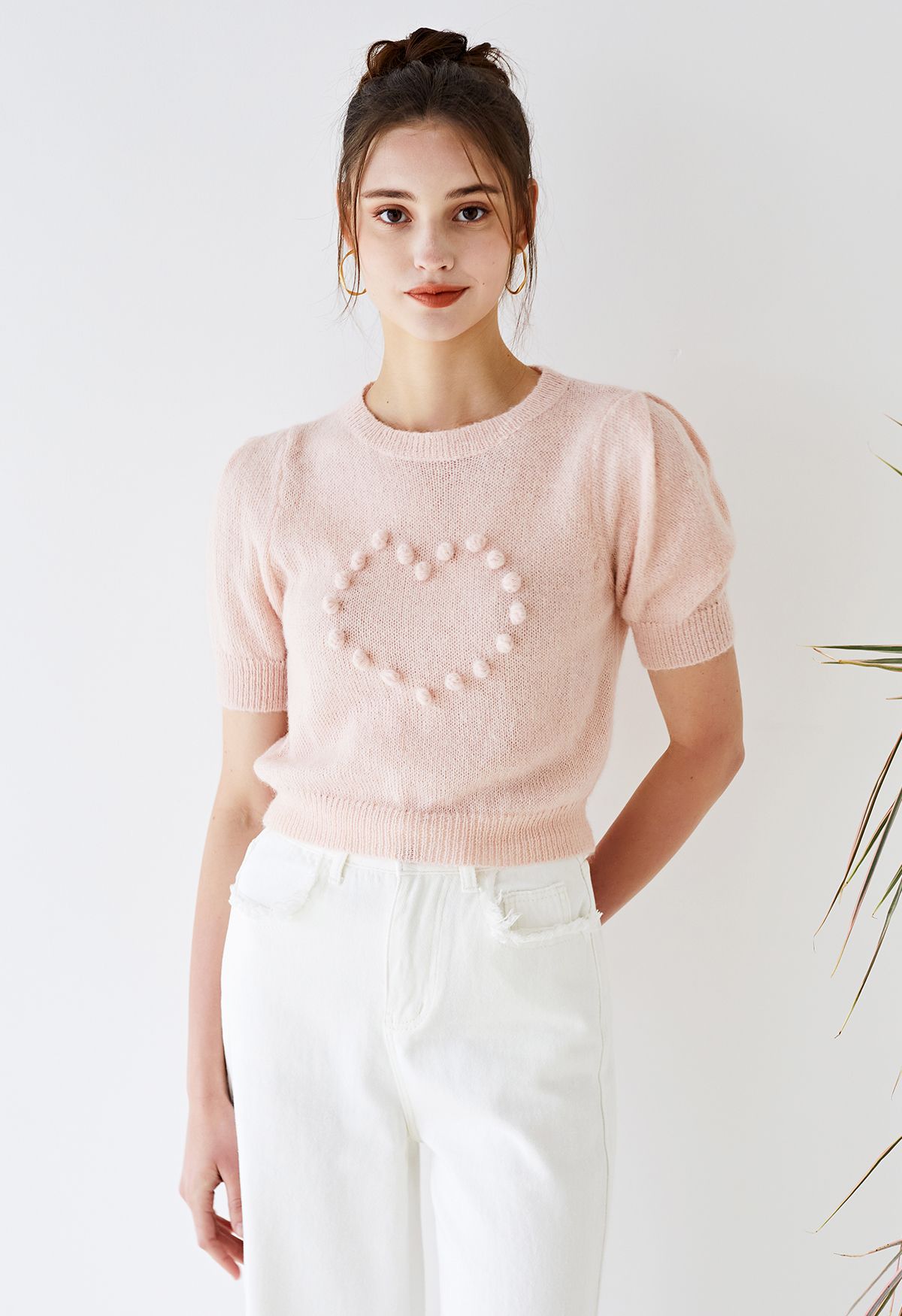 Pom-Pom Heart Short Sleeve Knit Top in Pink
