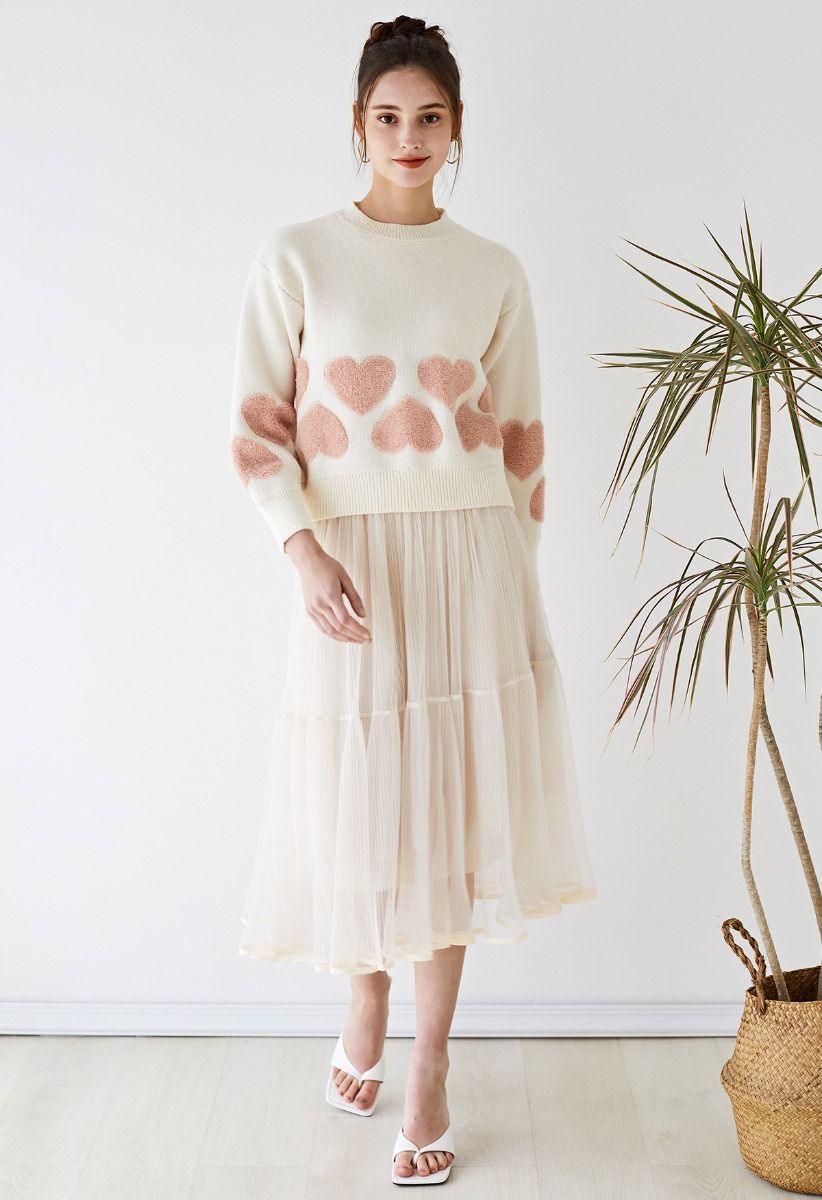 Tender Fuzzy Heart Jacquard Knit Sweater in Ivory