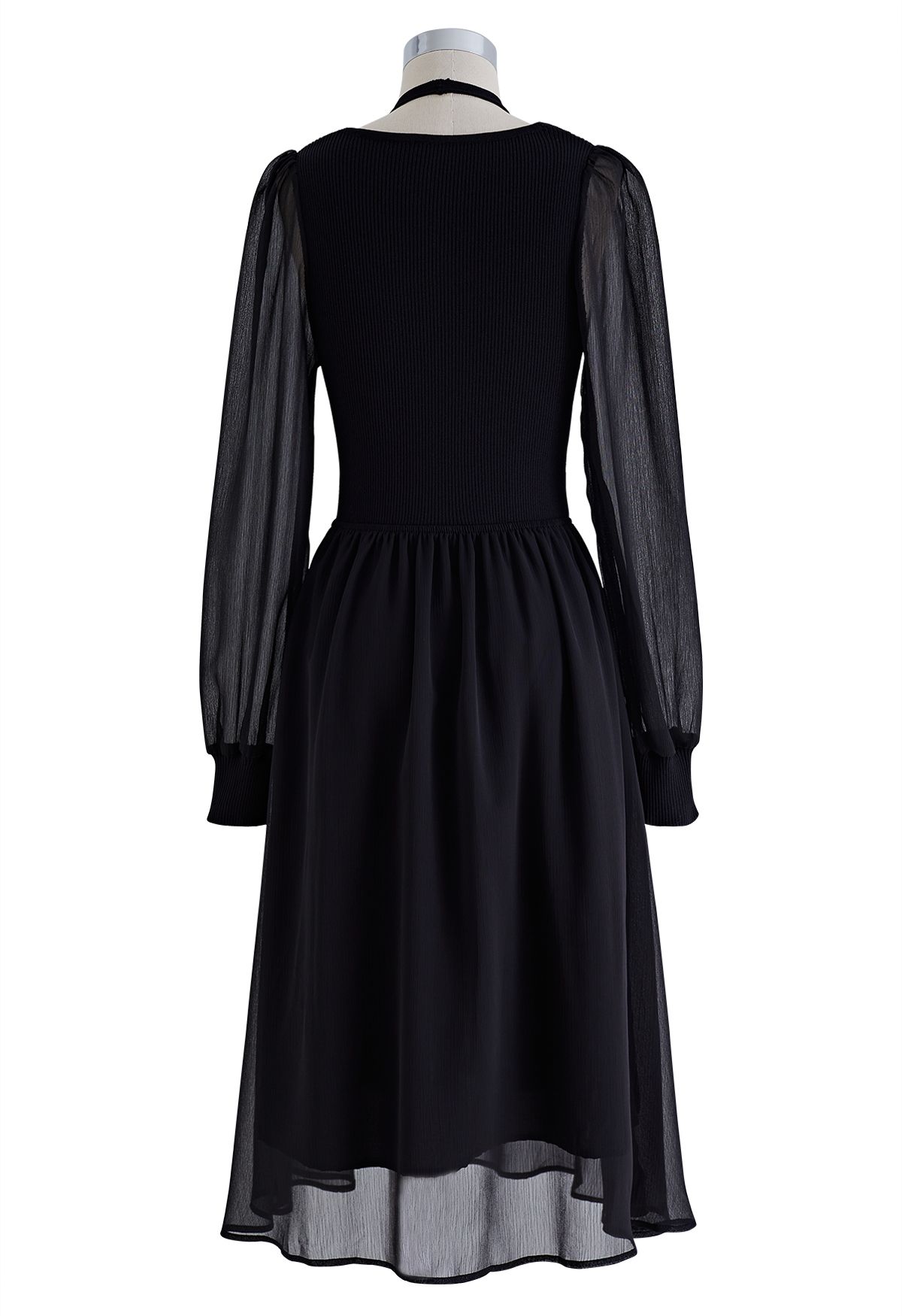 Knit Spliced Halter Neck Sheer Midi Dress in Black