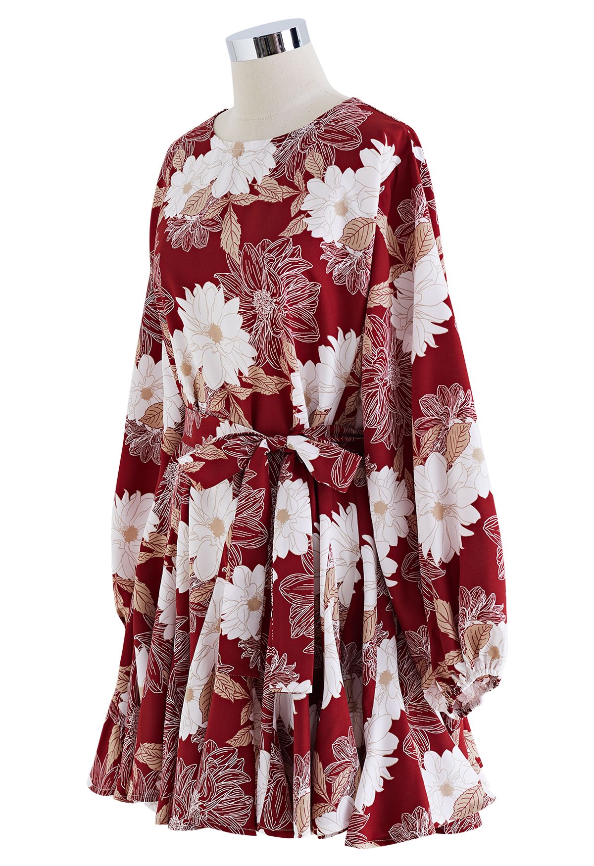 Marguerite Print Bubble Sleeves Frilling Dress in Red