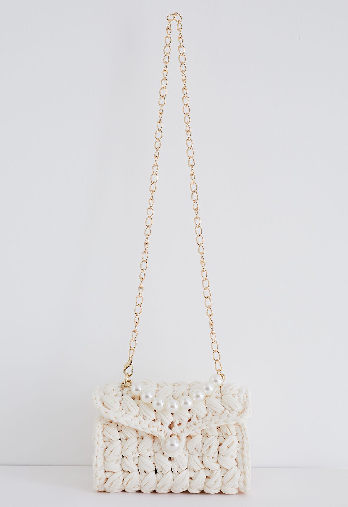 Pearl Chain Braided Chunky Knit Mini Bag in Cream