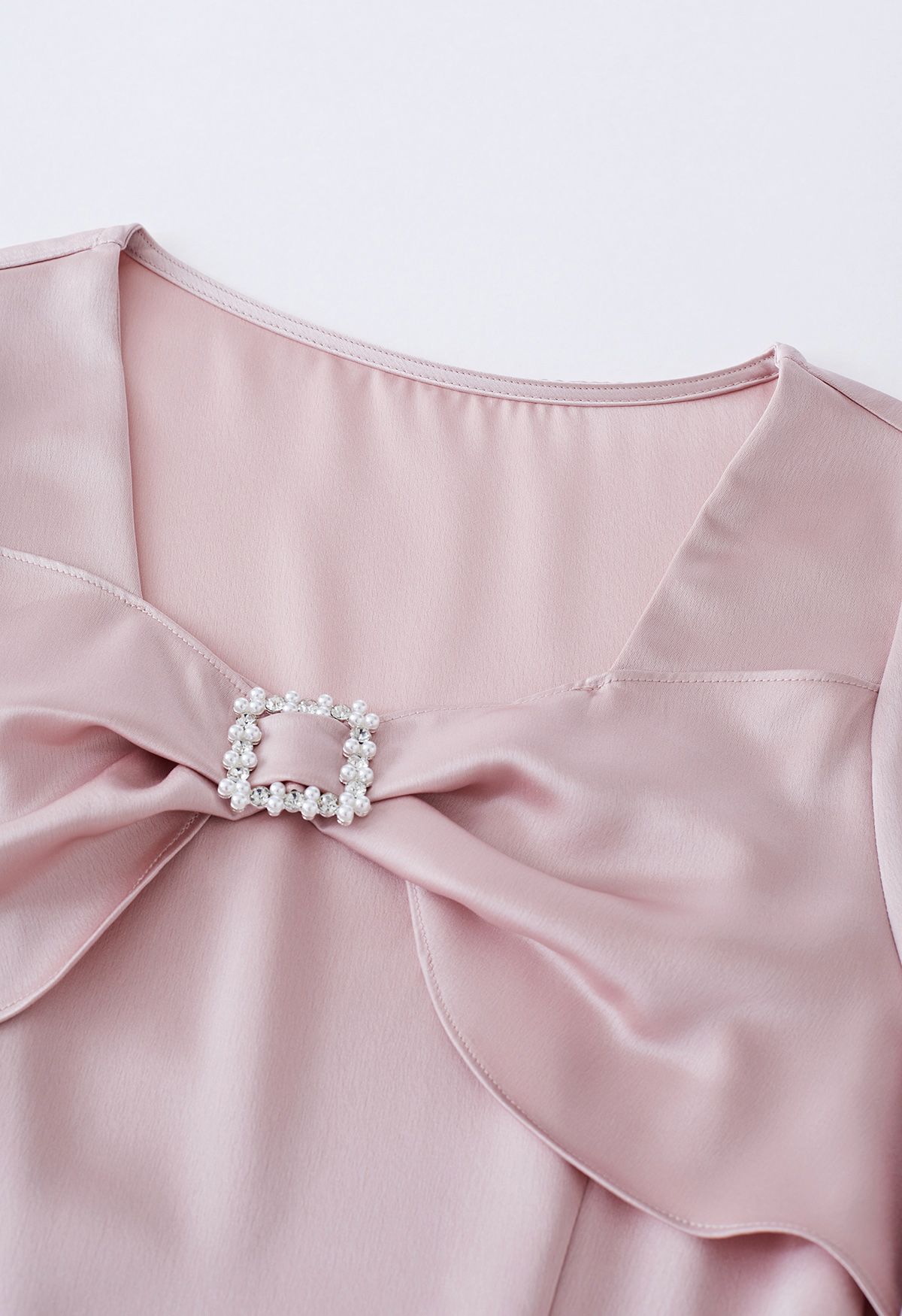 Sweetheart Neck Diamante Bowknot Satin Top in Pink