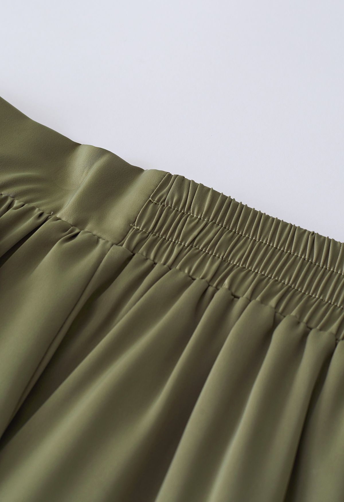 Ruffle Asymmetric Satin Midi Skirt in Olive