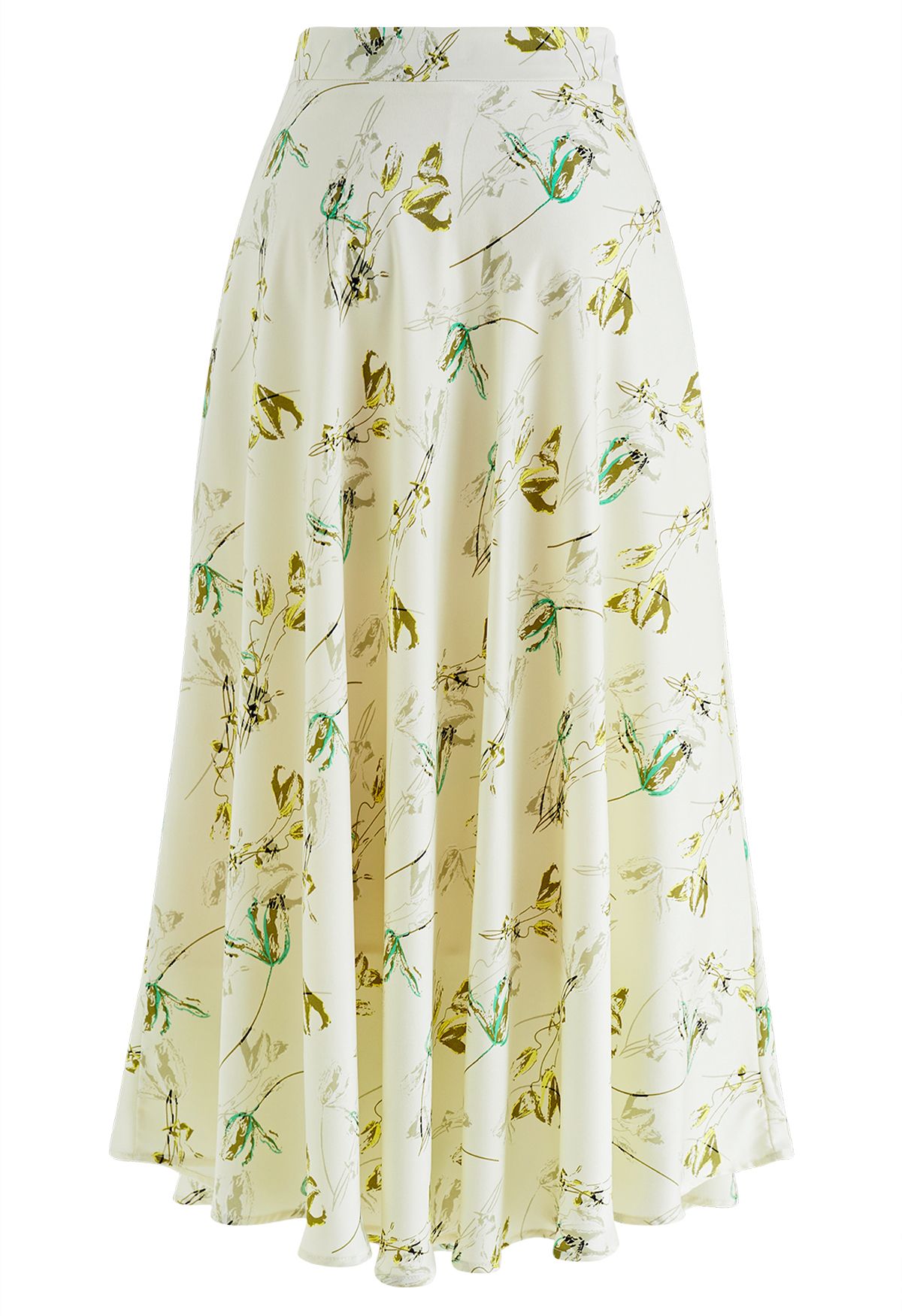 Tulip Print Satin Maxi Skirt in Pistachio