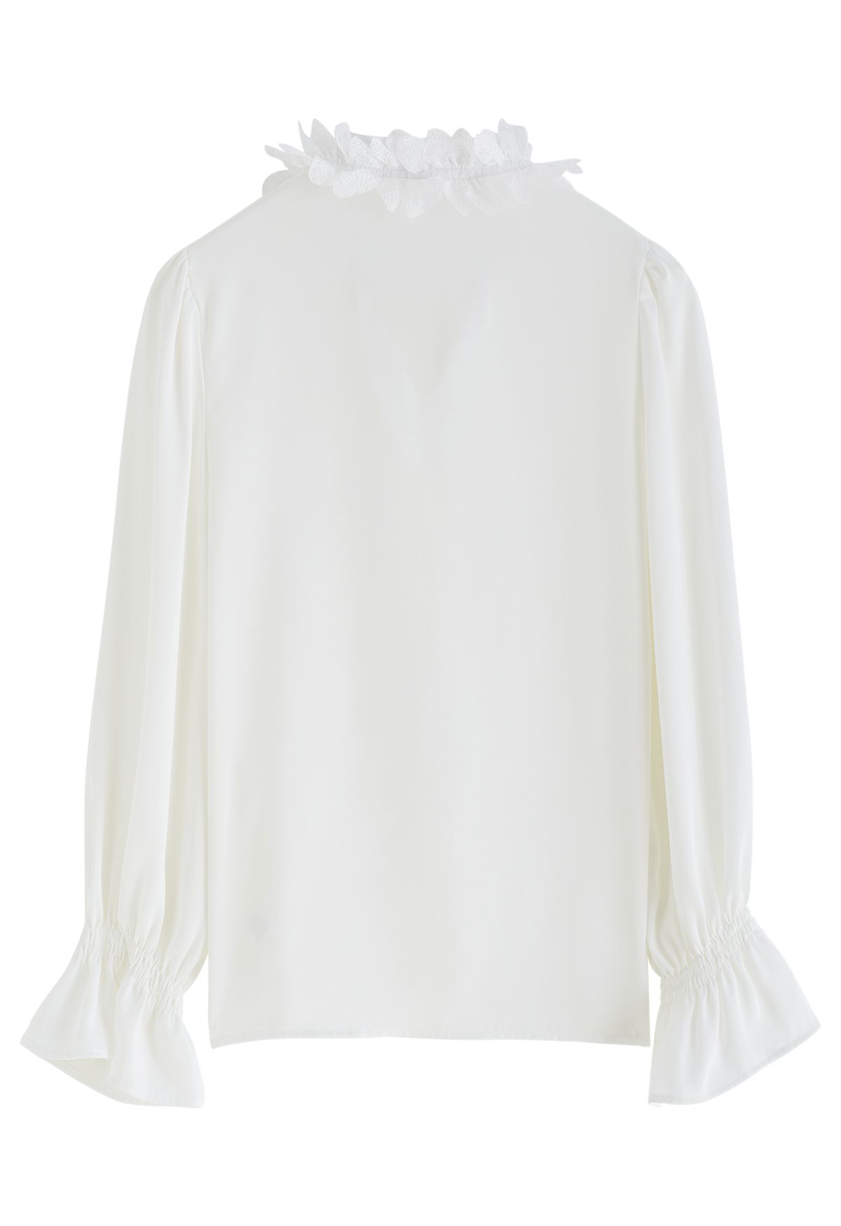 Petal Trim Bowknot Satin Shirt in White