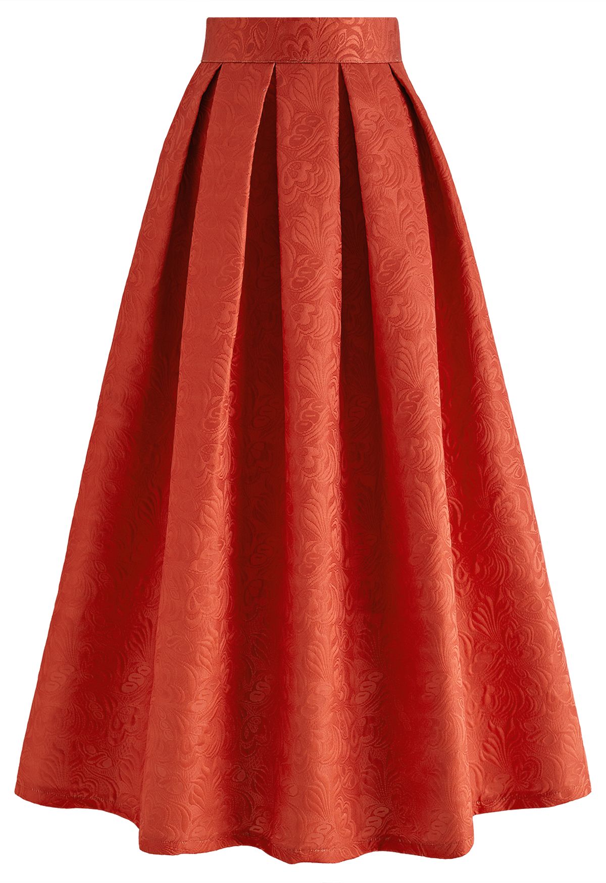 Noble Embossed Floral Jacquard Midi Skirt in Rust