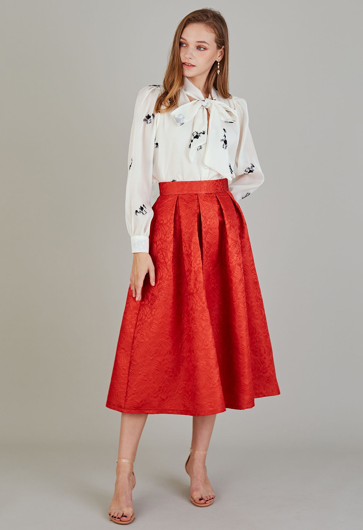 Noble Embossed Floral Jacquard Midi Skirt in Rust