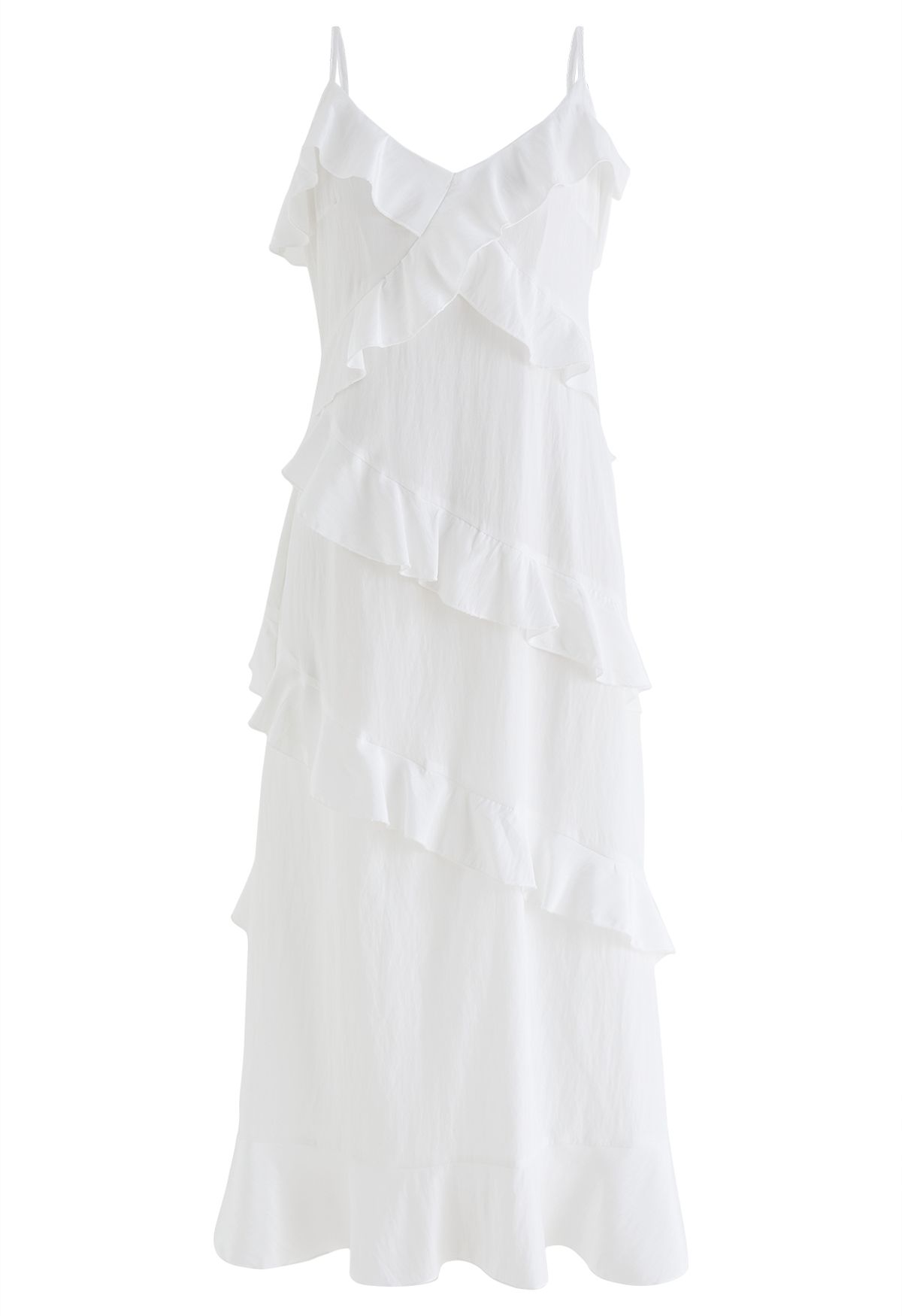 Side Slit Tiered Ruffle Cami Dress in White